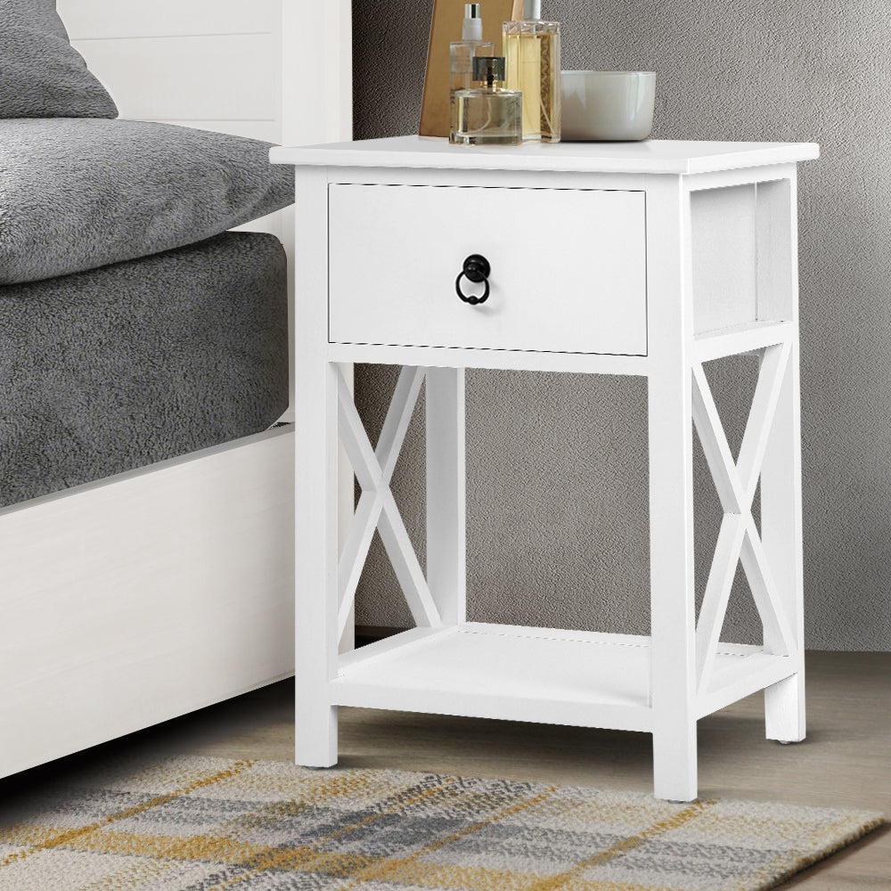 Rustic Paulownia Wood Bedside Tables with Shelf, White - Artiss