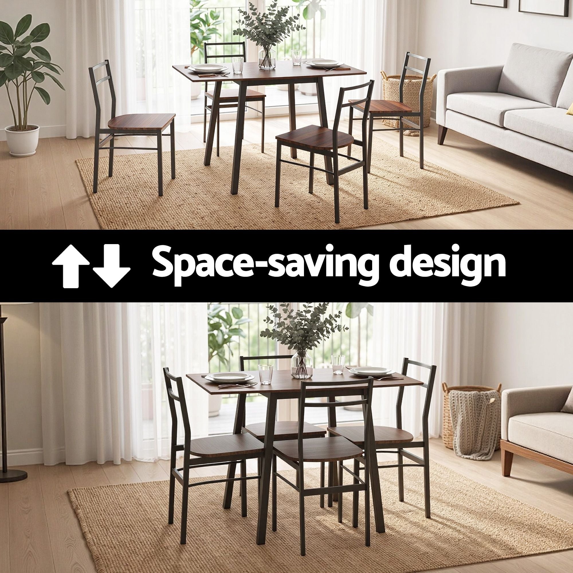 Artiss Dining Table and Chairs Set 5pcs with Extendable 60-120cm Drop-Leaf Table Brown
