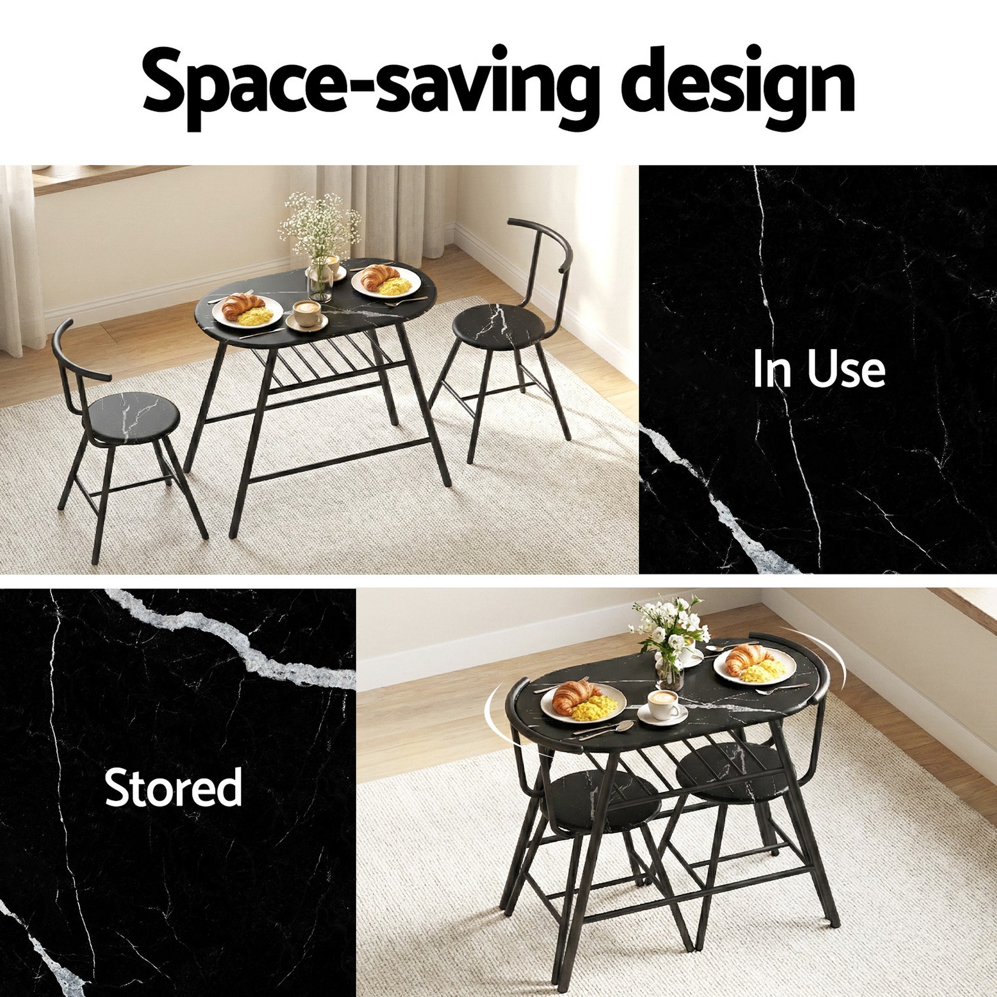 Artiss Dining Table Set 3PC Bistro Kitchen Storage Wine Rack Black Marble Style