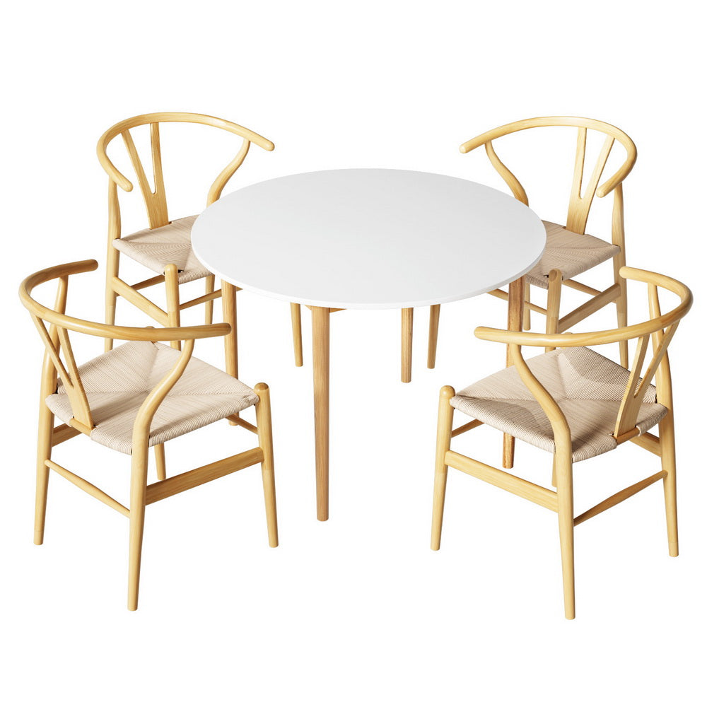 1 Artiss Dining Table and 4 Chairs Set Wishbone Wood