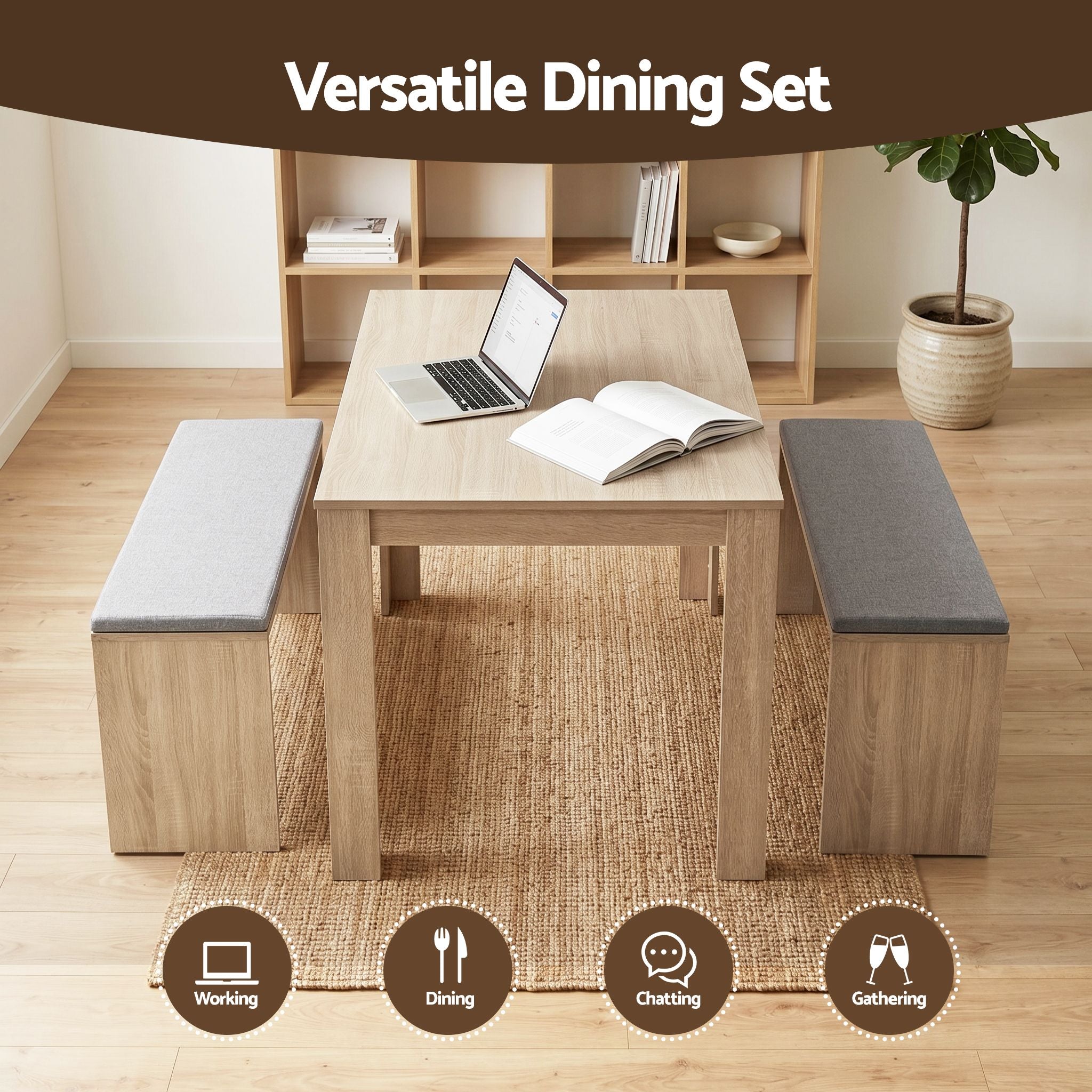 Artiss 3 Piece Dining Sets, 120cm Wooden Dining Table and 2 Upholstered Chairs Set, Space-Saving Modern Kitchen Dining Suite for Home Apartment Oak