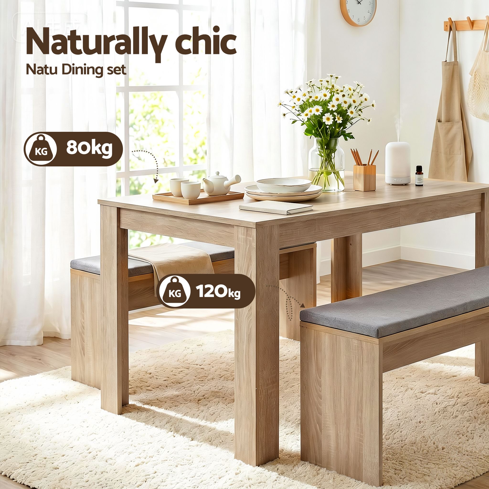 Artiss 3 Piece Dining Sets, 120cm Wooden Dining Table and 2 Upholstered Chairs Set, Space-Saving Modern Kitchen Dining Suite for Home Apartment Oak