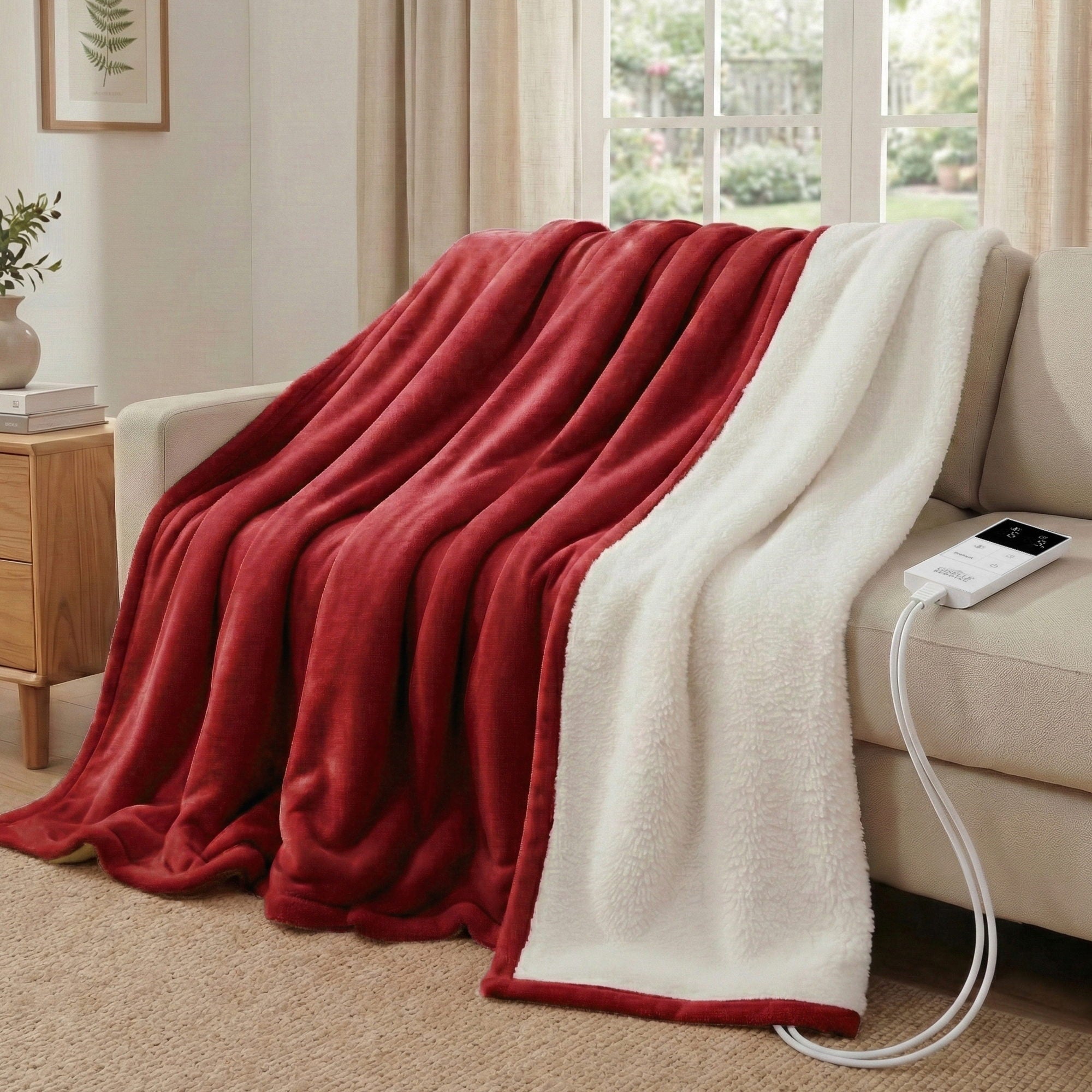 Giselle Electric Throw Rug Double Size 200x180cm Fleece Flannel Heated Blanket Burgundy