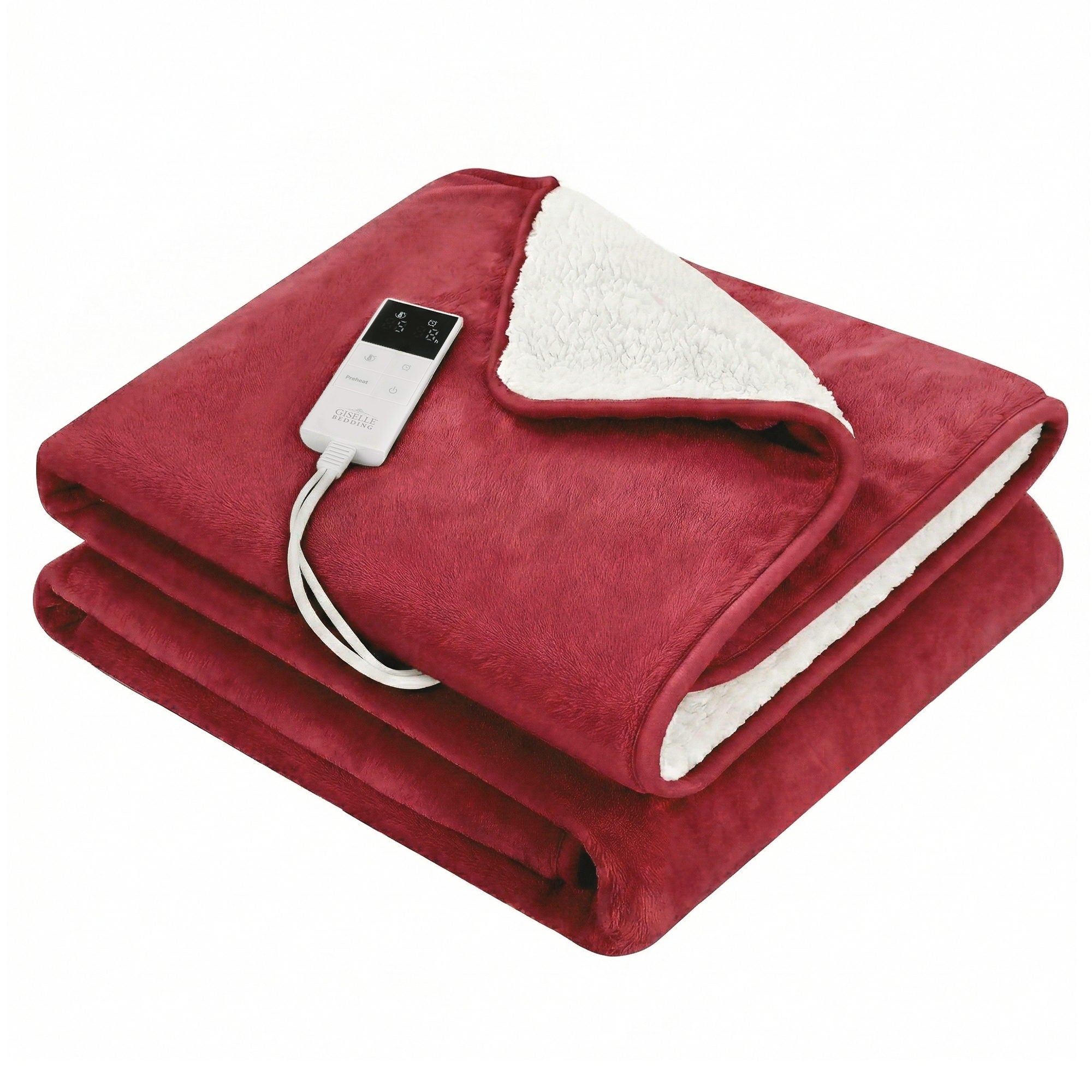 Giselle Electric Throw Rug Double Size 200x180cm Fleece Flannel Heated Blanket Burgundy