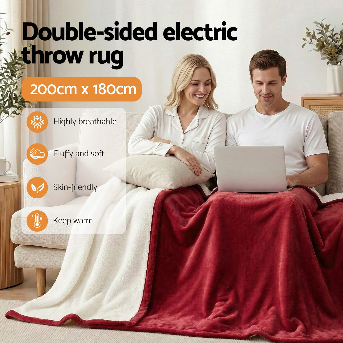 Giselle Electric Throw Rug Double 200x180cm Burgundy