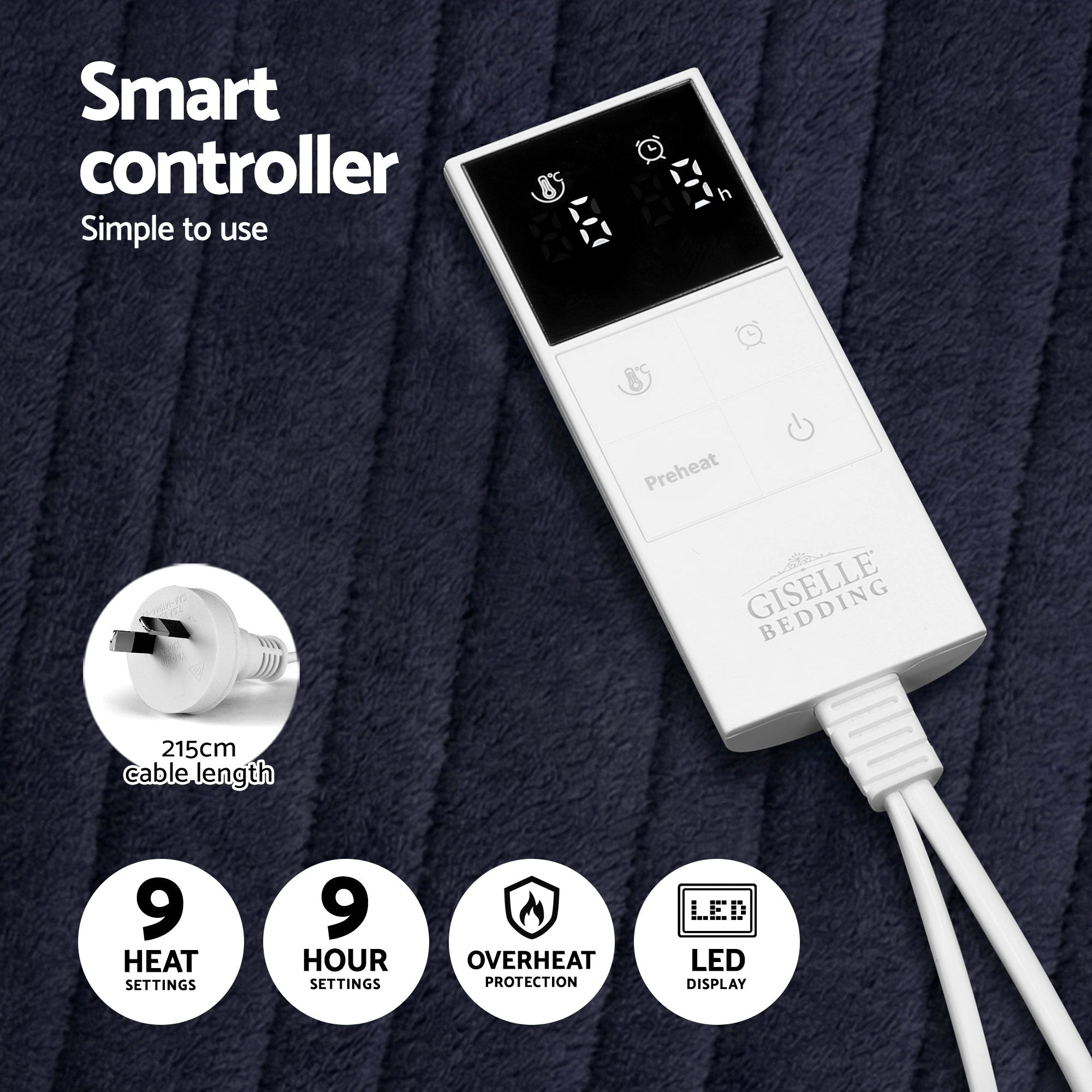 Giselle Electric Throw Rug Double Size 200x180cm Coral Fleece Heated Blanket Charcoal