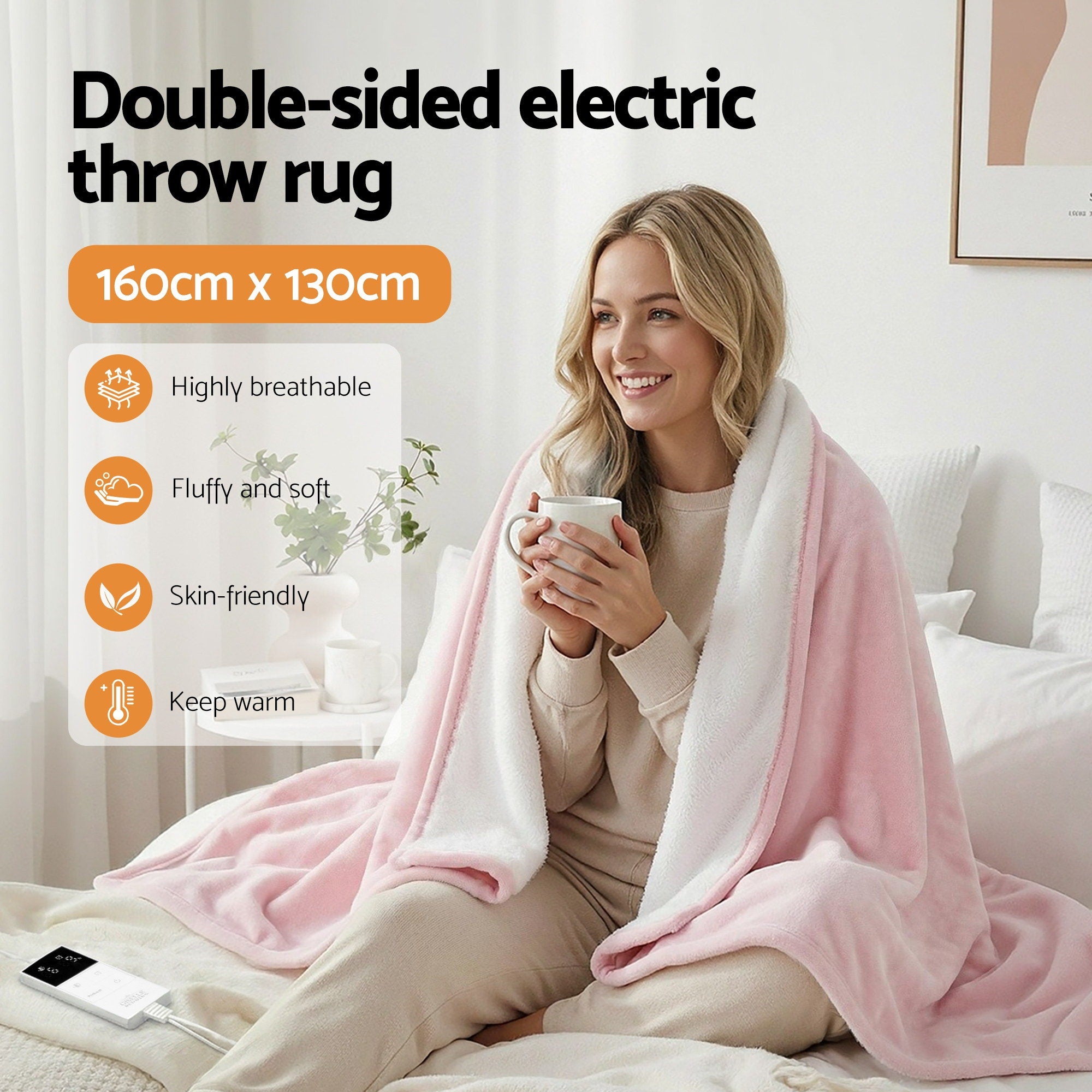 Giselle Electric Throw Rug Dual Side Fleece Flannel Heated Blanket Pink