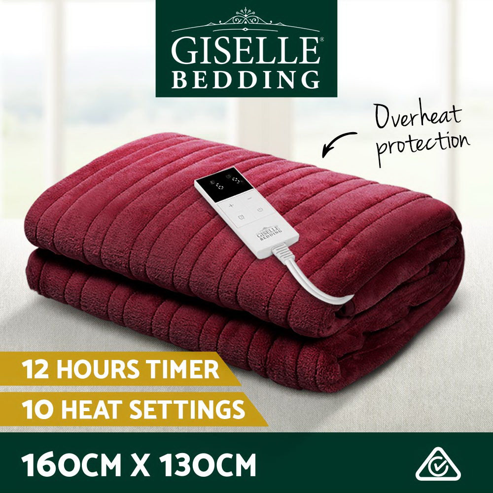 Giselle 160x130cm Heated Throw Rug Fleece Burgundy