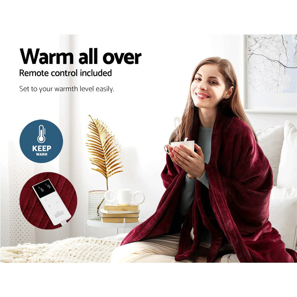Giselle 160x130cm Heated Throw Rug Fleece Burgundy