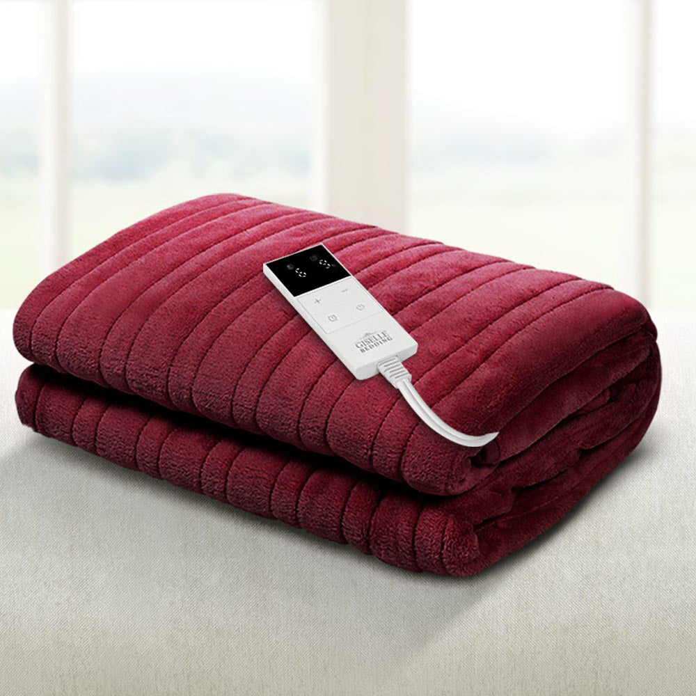 Giselle 160x130cm Heated Throw Rug Fleece Burgundy