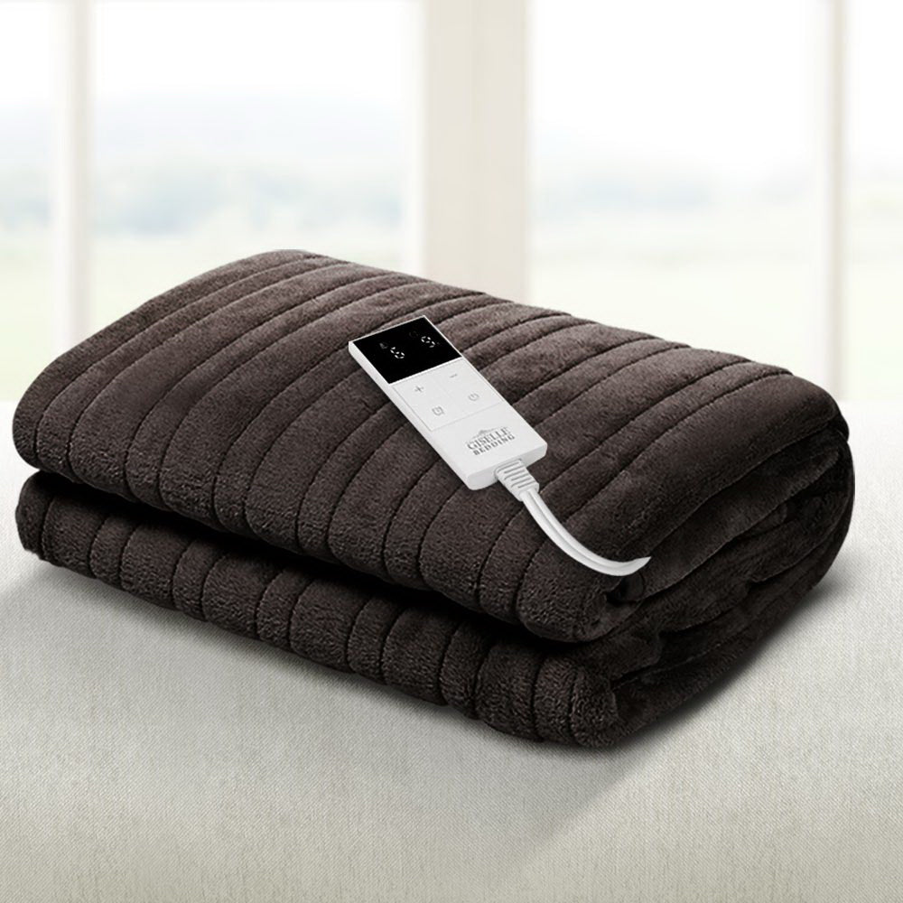 Giselle Bedding Electric Throw Rug 160x130cm Coral Fleece Brown