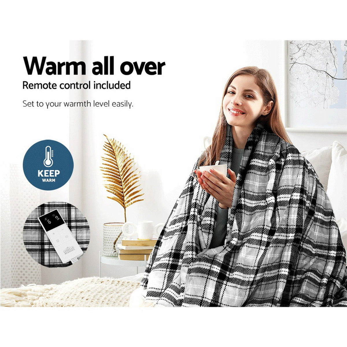 Giselle Bedding Electric Throw Rug Washable Grey and White Checkered