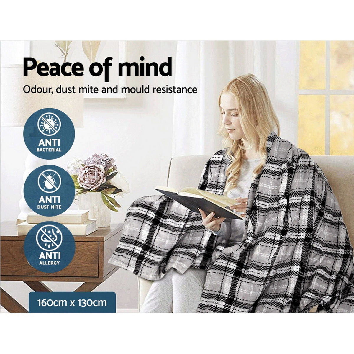 Giselle Bedding Electric Throw Rug Washable Grey and White Checkered