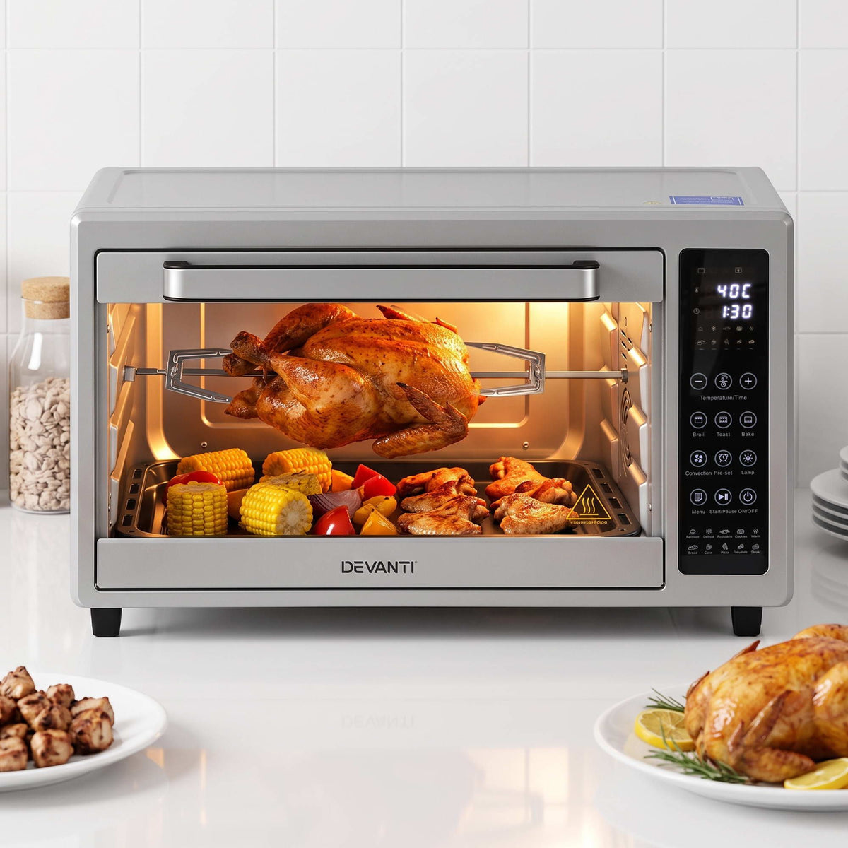 Devanti 48L Convection Oven Electric Fryer Bake Grill Ovens Benchtop 2000W Silver
