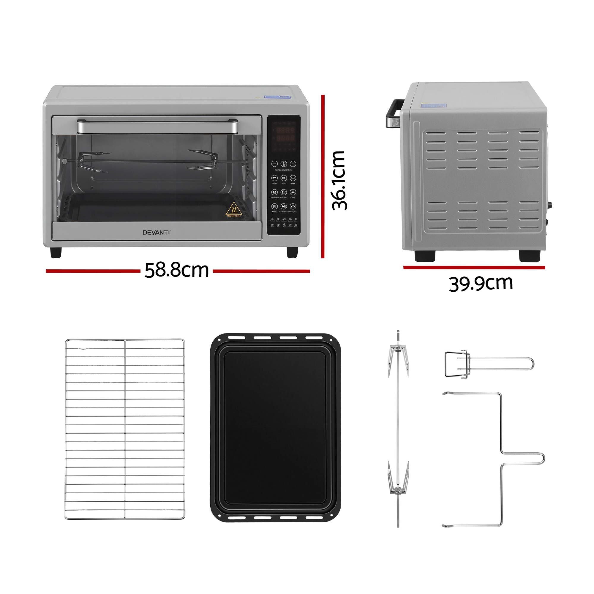 Devanti 48L Convection Oven Electric Fryer Bake Grill Ovens Benchtop 2000W Silver