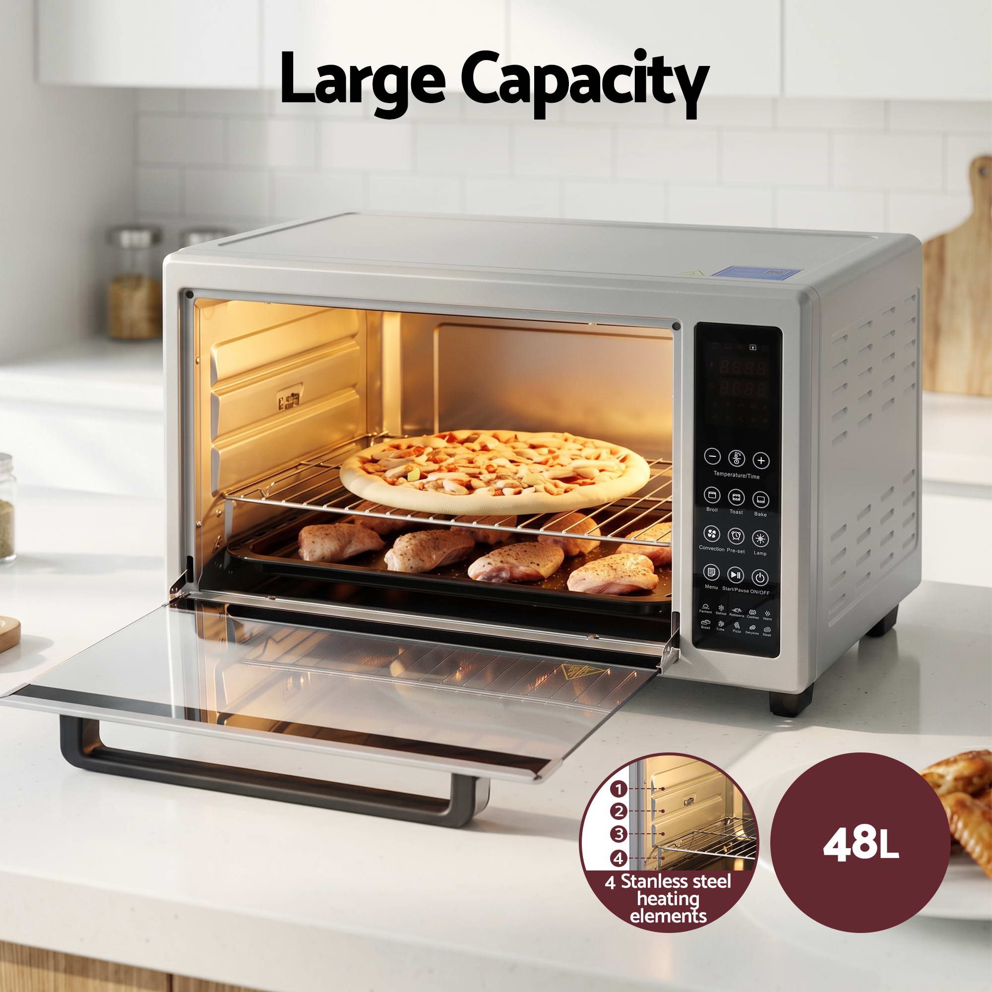 Devanti 48L Convection Oven Electric Fryer Bake Grill Ovens Benchtop 2000W Silver