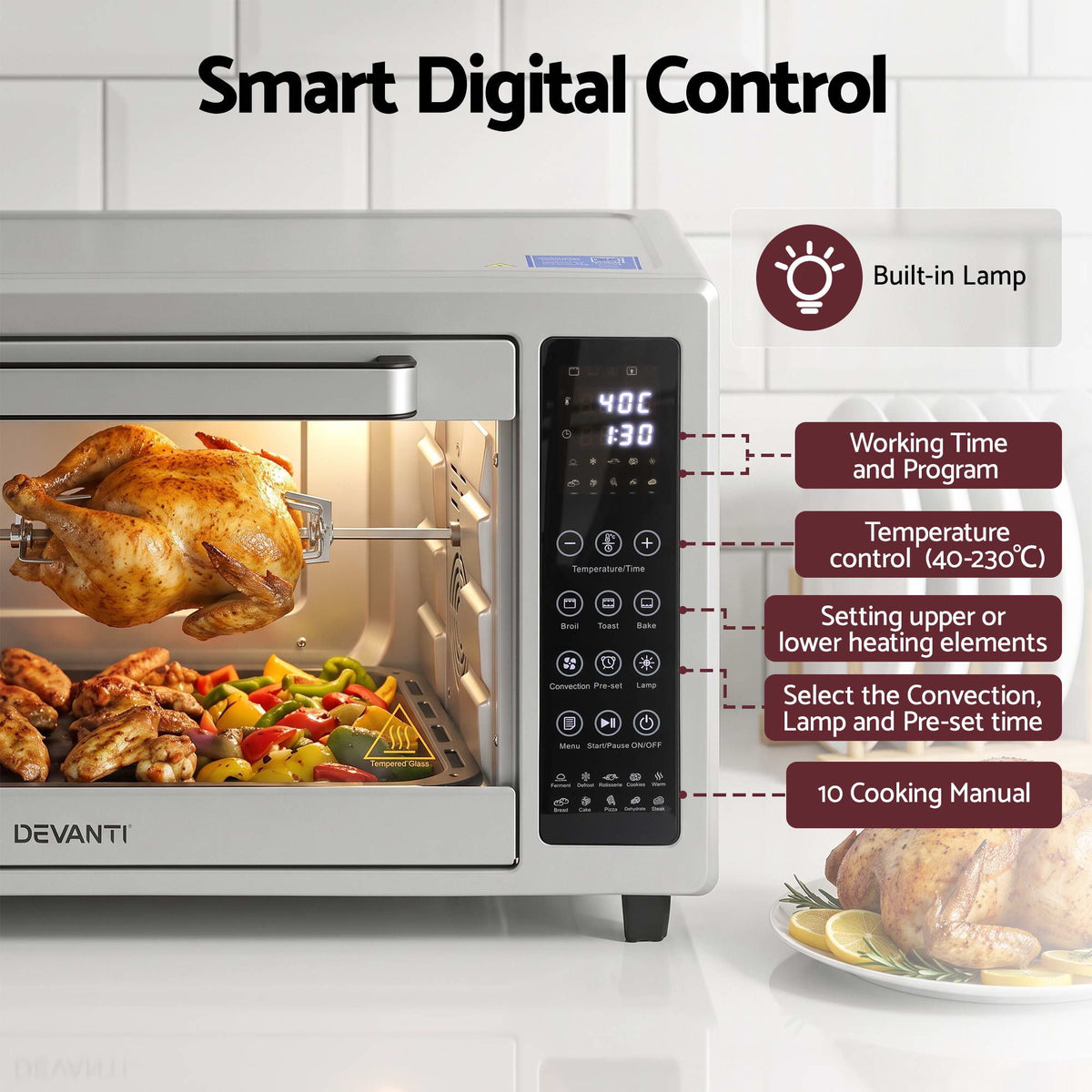Devanti 48L Convection Oven Electric Fryer Bake Grill Ovens Benchtop 2000W Silver