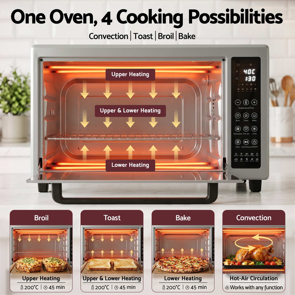 Devanti 48L Convection Oven Electric Fryer Bake Grill Ovens Benchtop 2000W Silver
