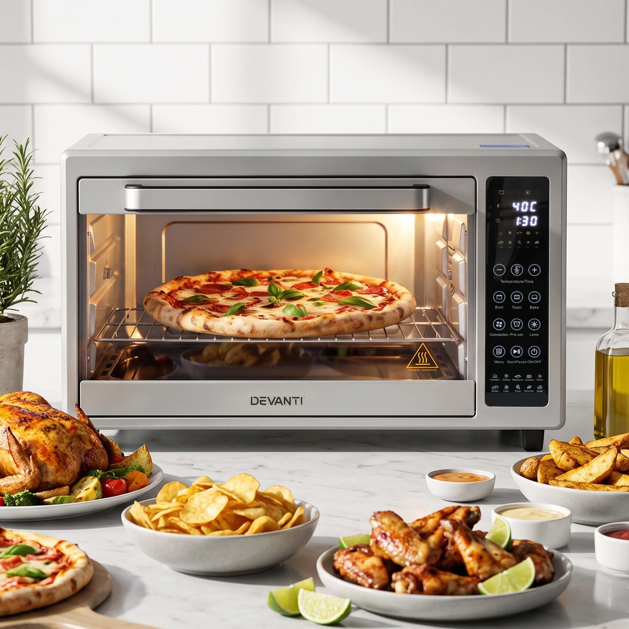 Devanti 48L Convection Oven Electric Fryer Bake Grill Ovens Benchtop 2000W Silver