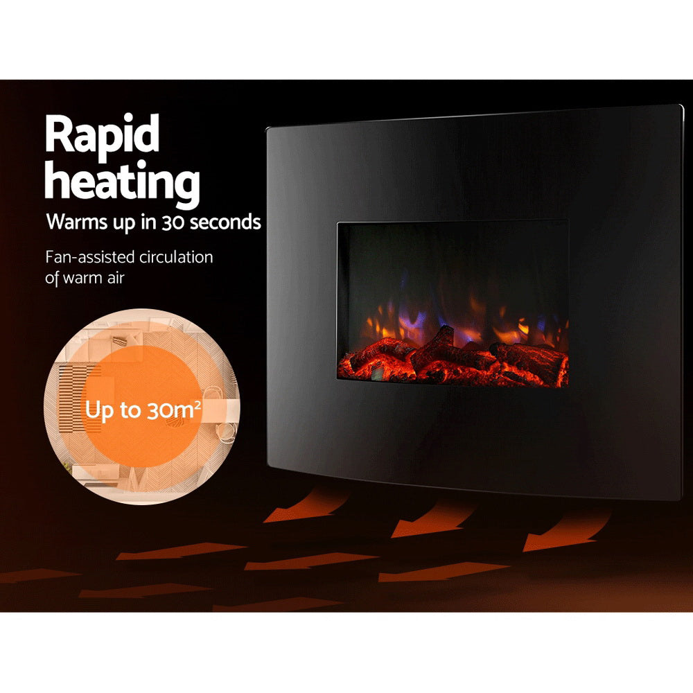 Devanti 2000W Electric Fireplace Heater Black Curved Glass