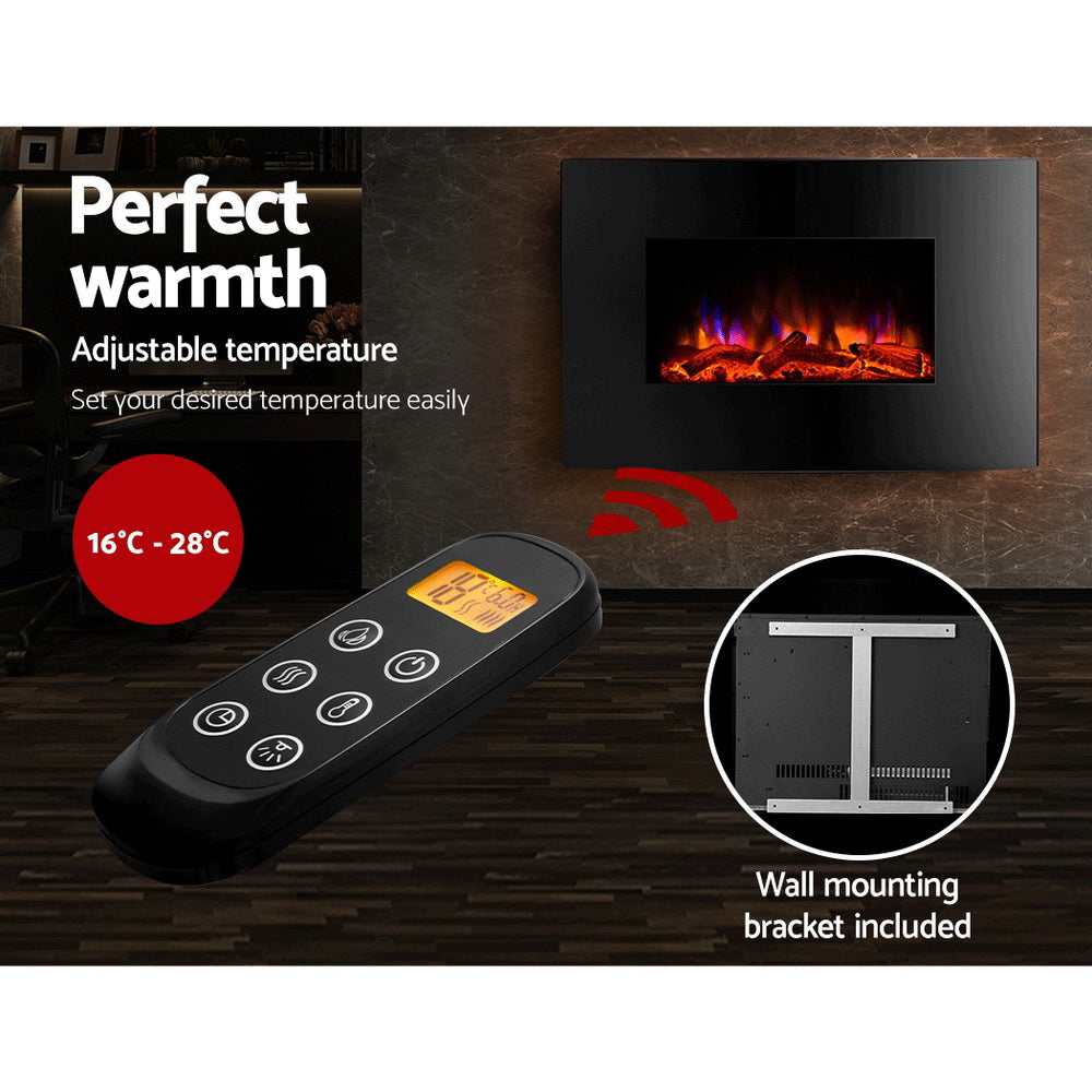 Devanti 2000W Electric Fireplace Heater Black Curved Glass