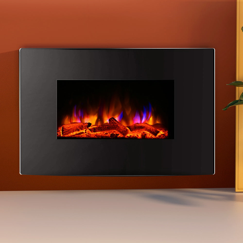 Devanti 2000W Electric Fireplace Heater Black Curved Glass