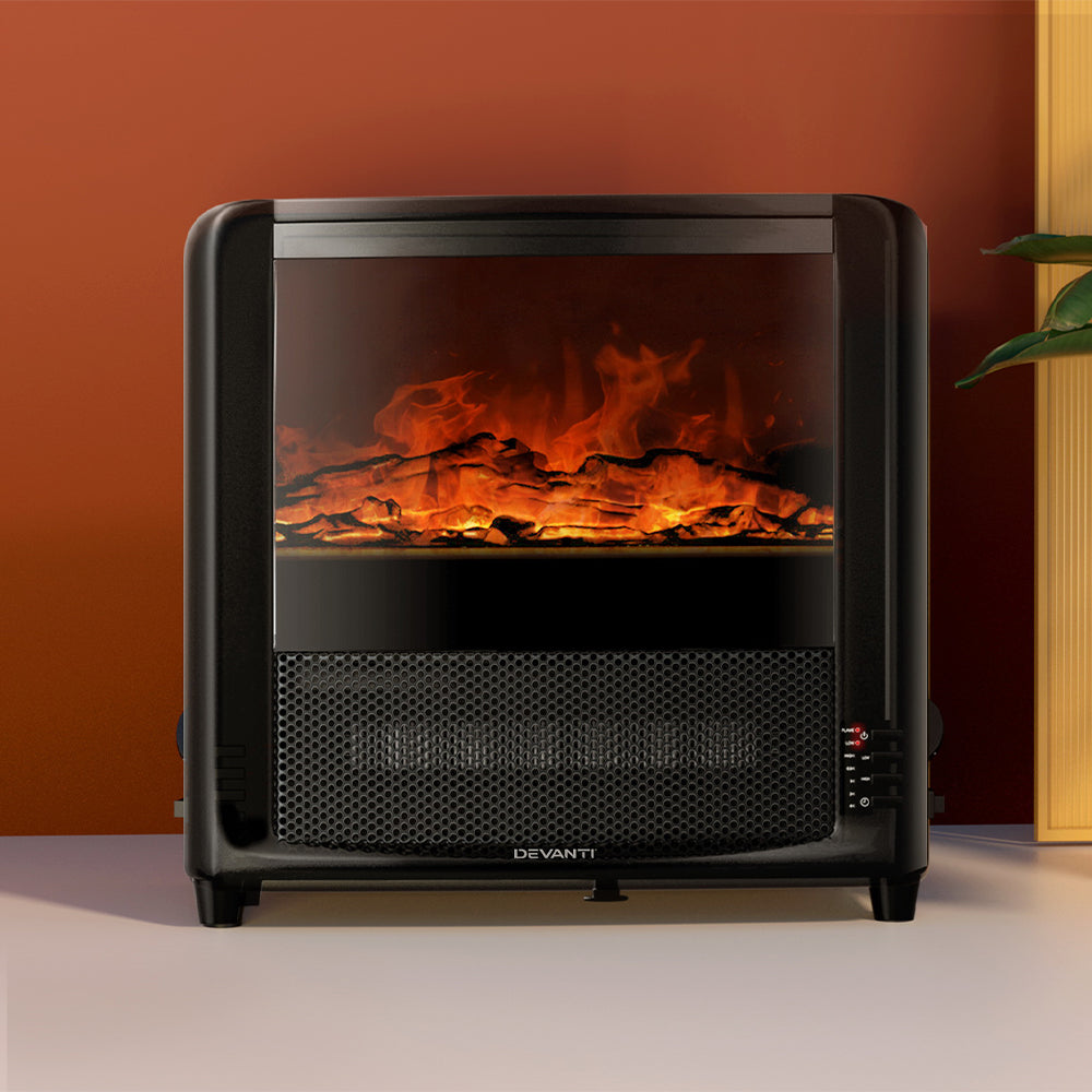 Devanti 2000W Electric Fireplace Heater Black Freestanding