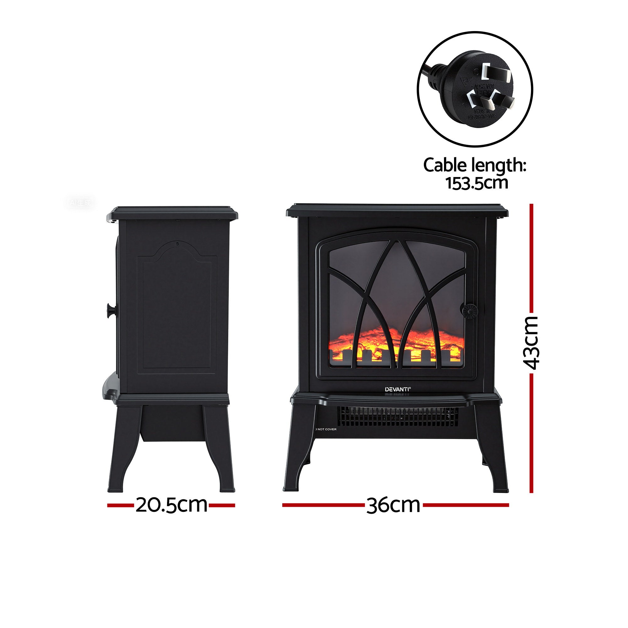 Devanti 2000W Electric Fireplace Heater Stove Freestanding 3D Flame Effect Indoor Space Heaters