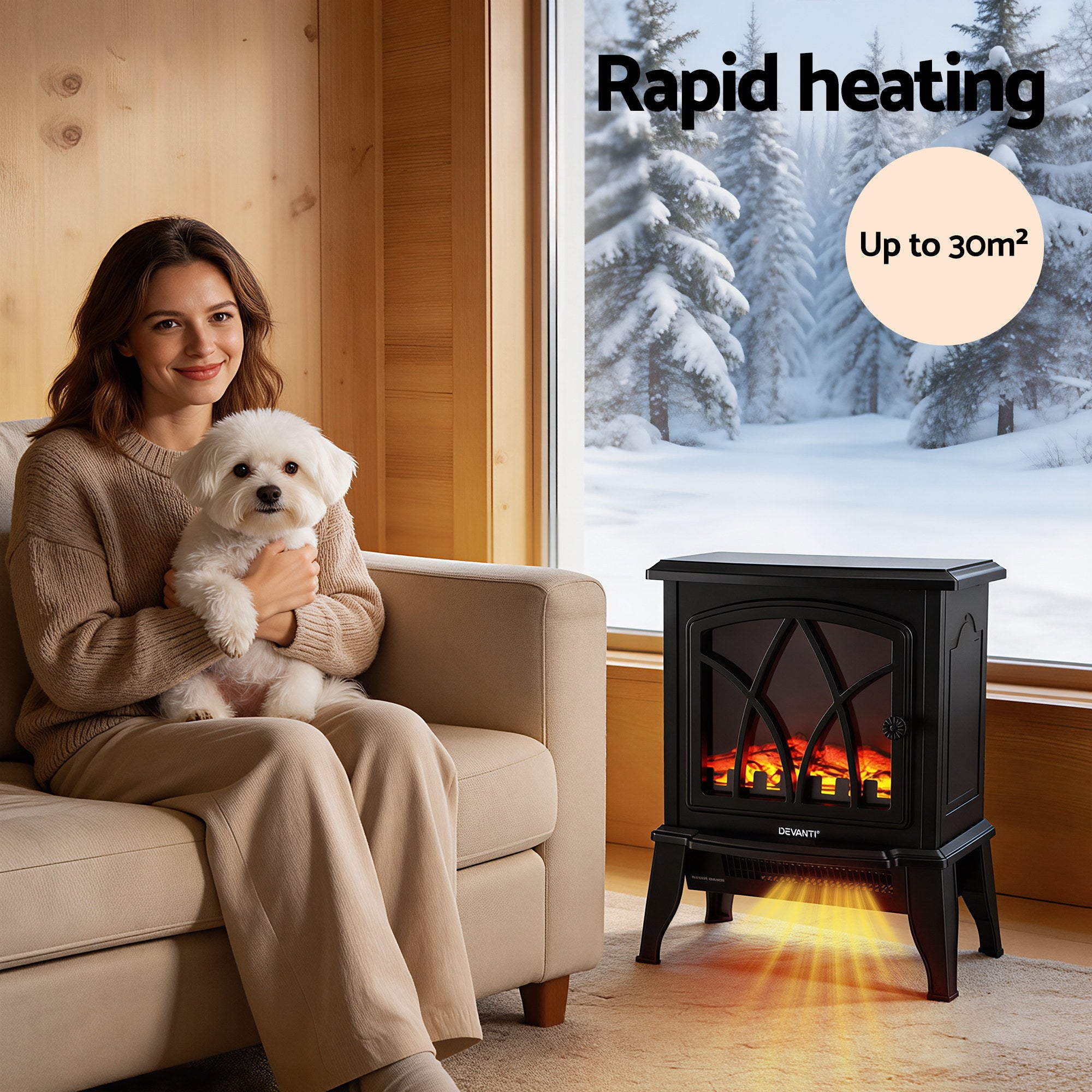 Devanti 2000W Electric Fireplace Heater Stove Freestanding 3D Flame Effect Indoor Space Heaters