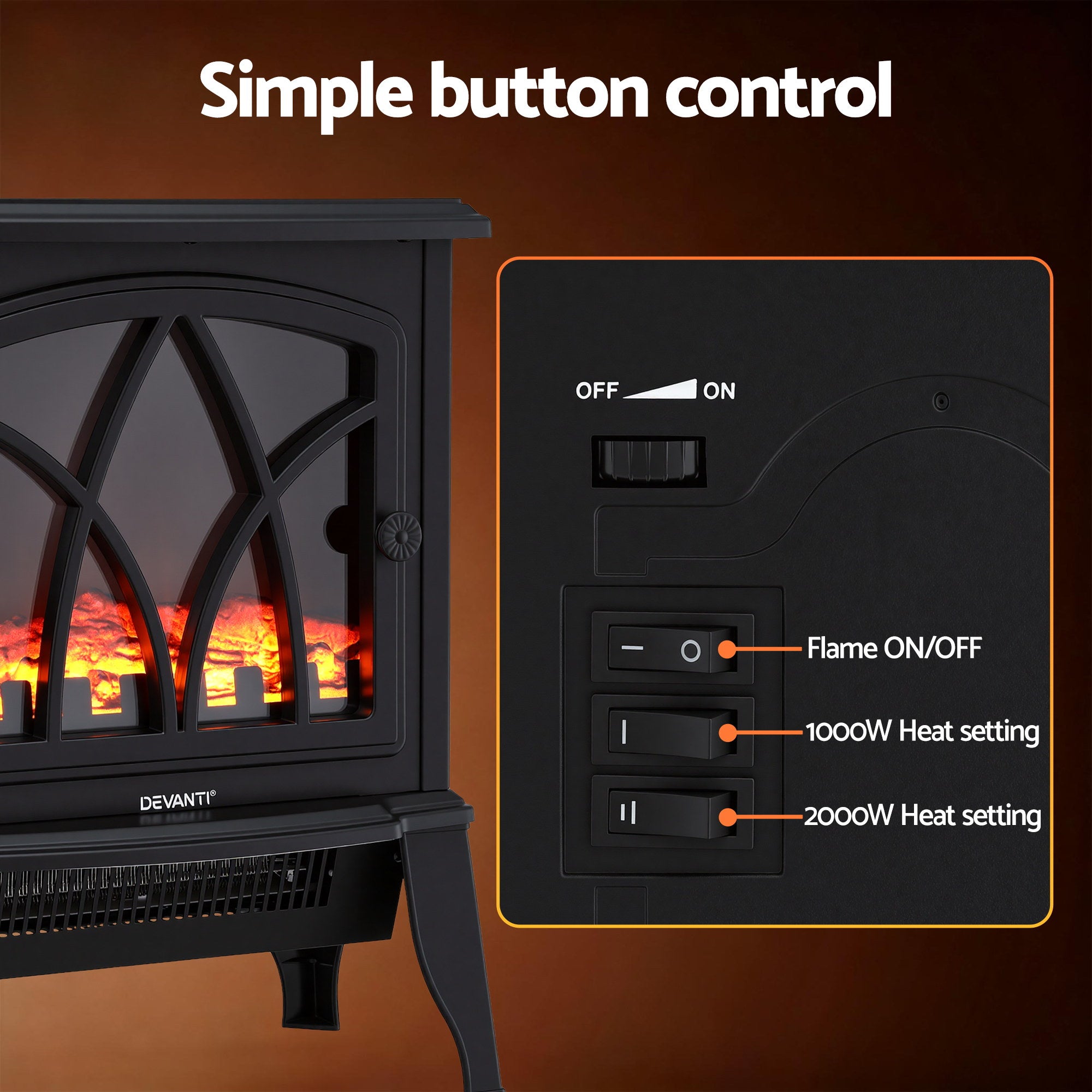 Devanti 2000W Electric Fireplace Heater Stove Freestanding 3D Flame Effect Indoor Space Heaters