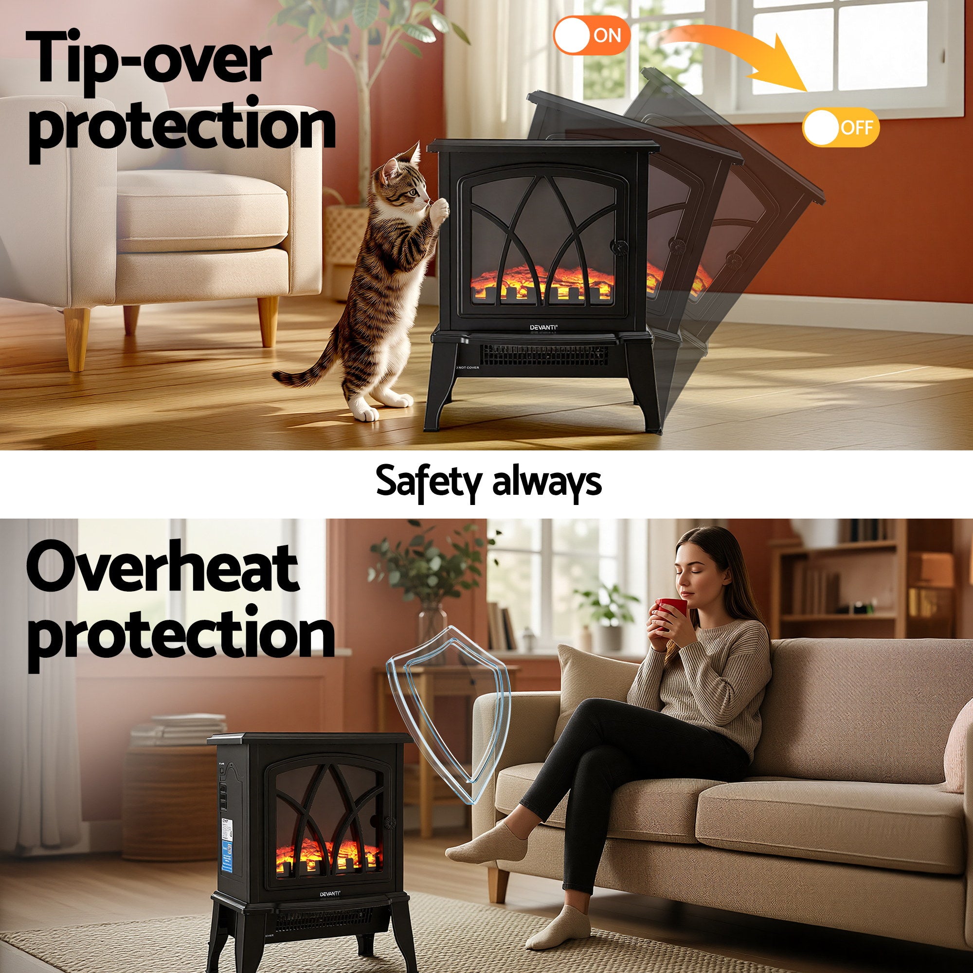 Devanti 2000W Electric Fireplace Heater Stove Freestanding 3D Flame Effect Indoor Space Heaters