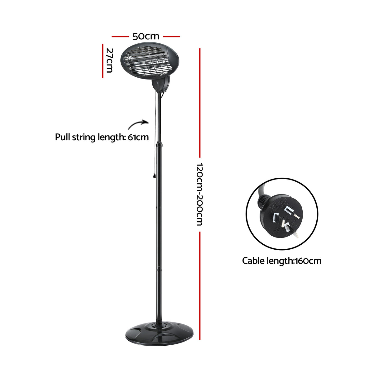 Devanti 2000W Electric Patio Heater Black Adjustable Outdoor