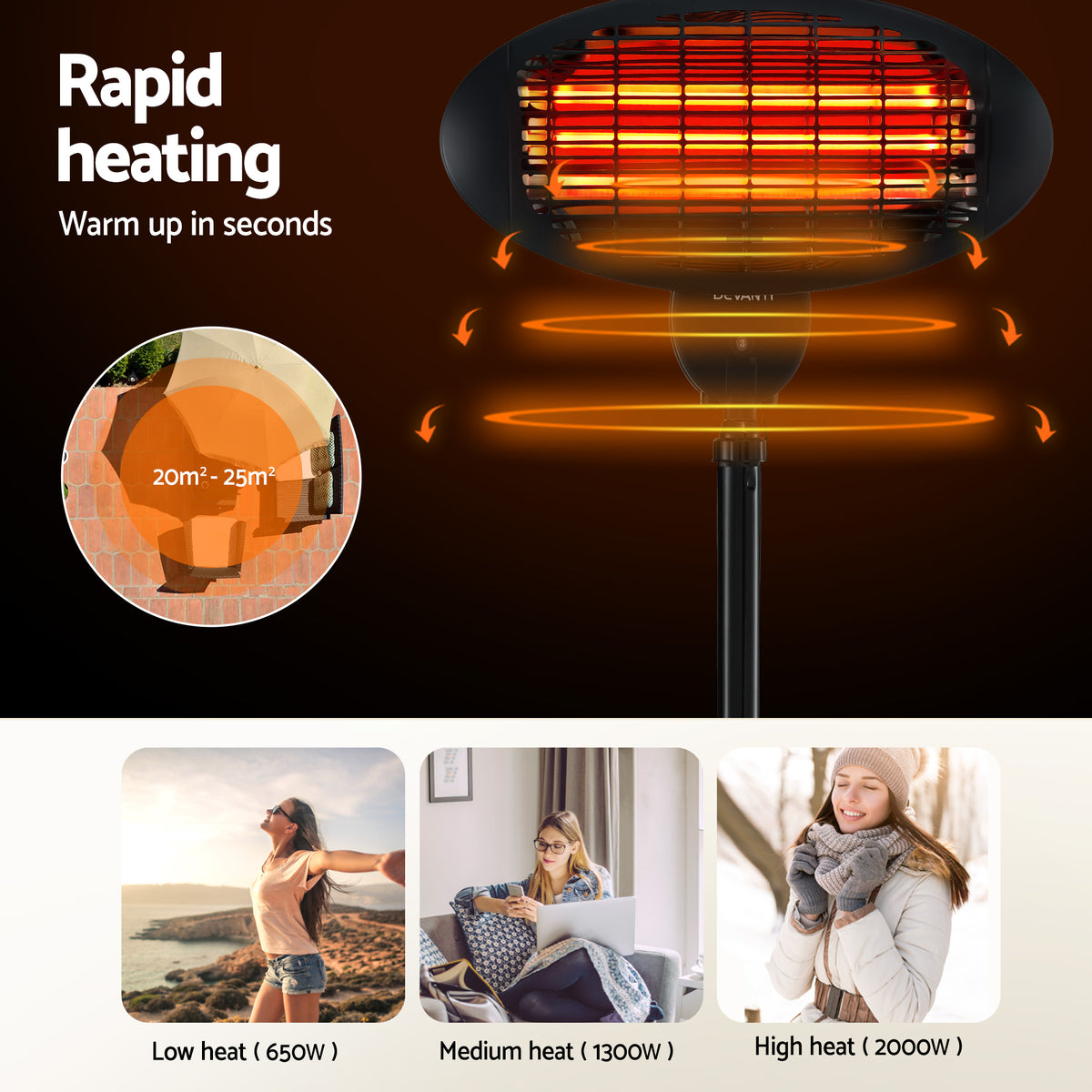 Devanti 2000W Electric Patio Heater Black Adjustable Outdoor