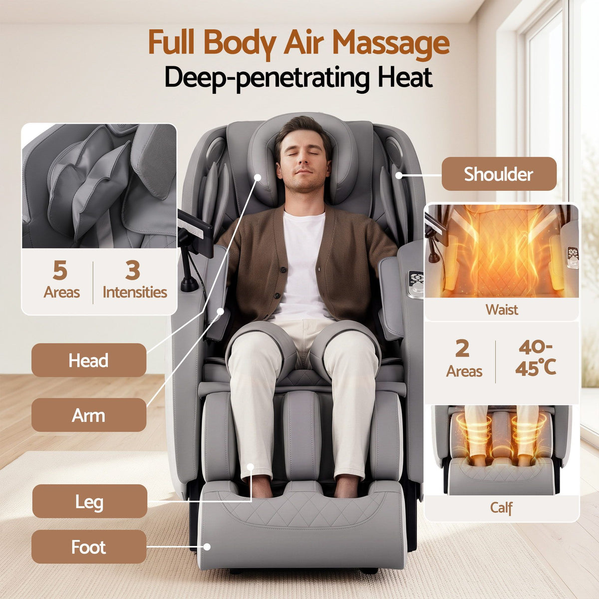 Livemor FLEX Full Body Massage Chair, Zero Gravity, Airbags, Recliner, Dual-Zone Waist & Calf Heat, 5 Auto Programs, 15cm Leg Extension for Different Height, Voice Control, Bluetooth Speakers