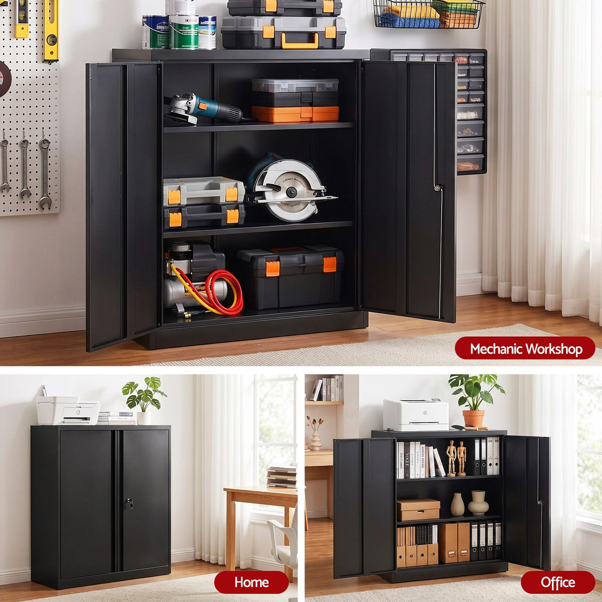 Artiss 100cm Locker Cabinet 3-Point Lock 2 Adjustable Shelves Black