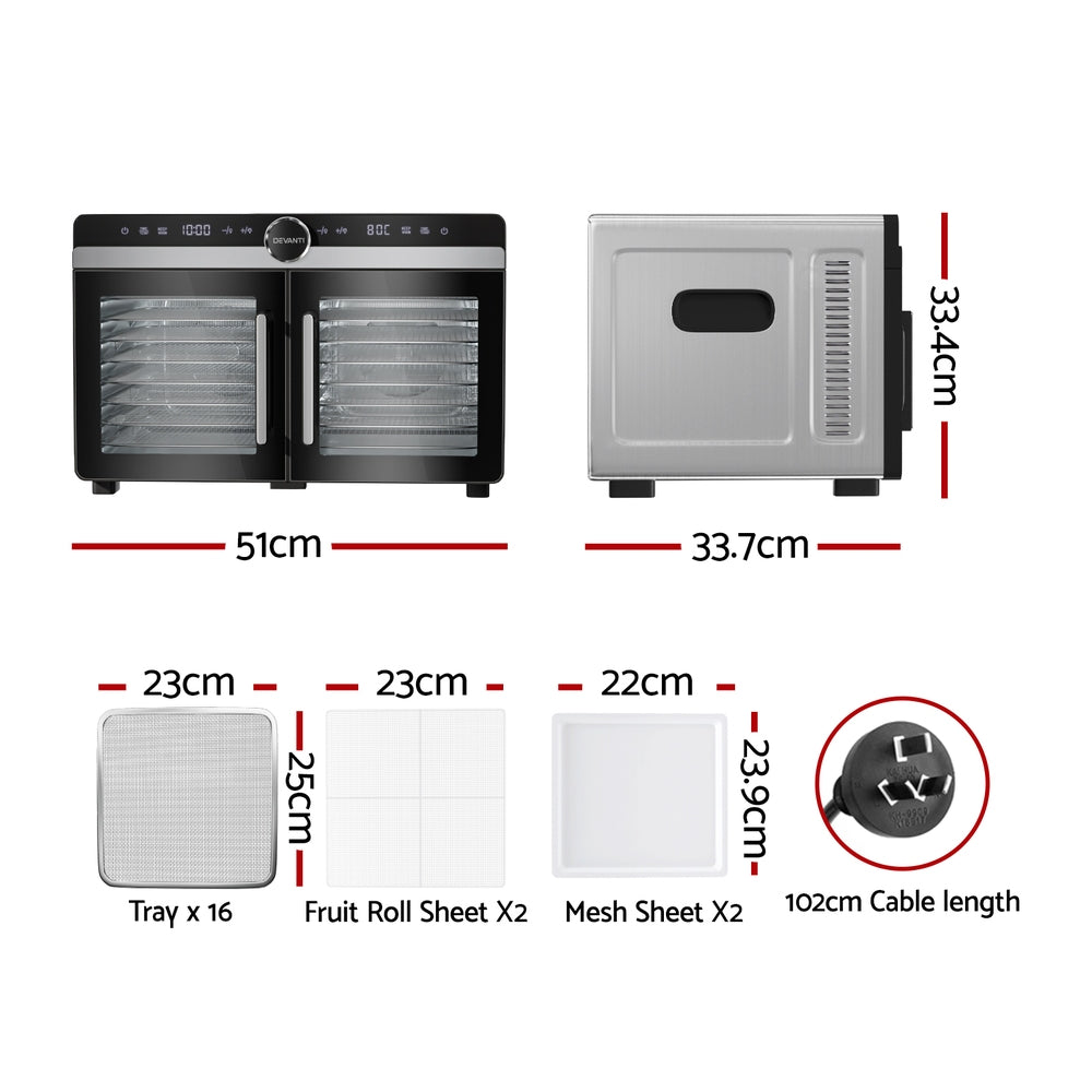 Devanti 16-Tray Dual-Zone Food Dehydrator Stainless Steel