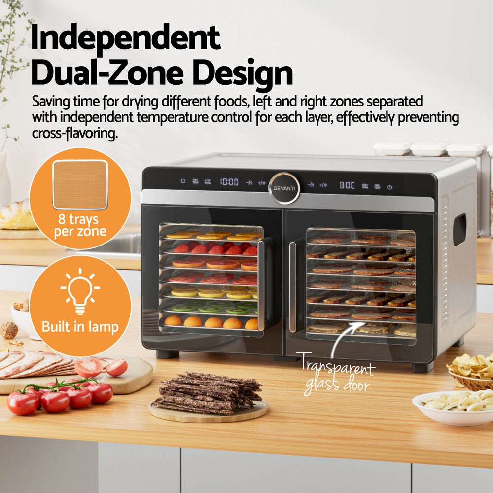 Devanti 16-Tray Dual-Zone Food Dehydrator Stainless Steel