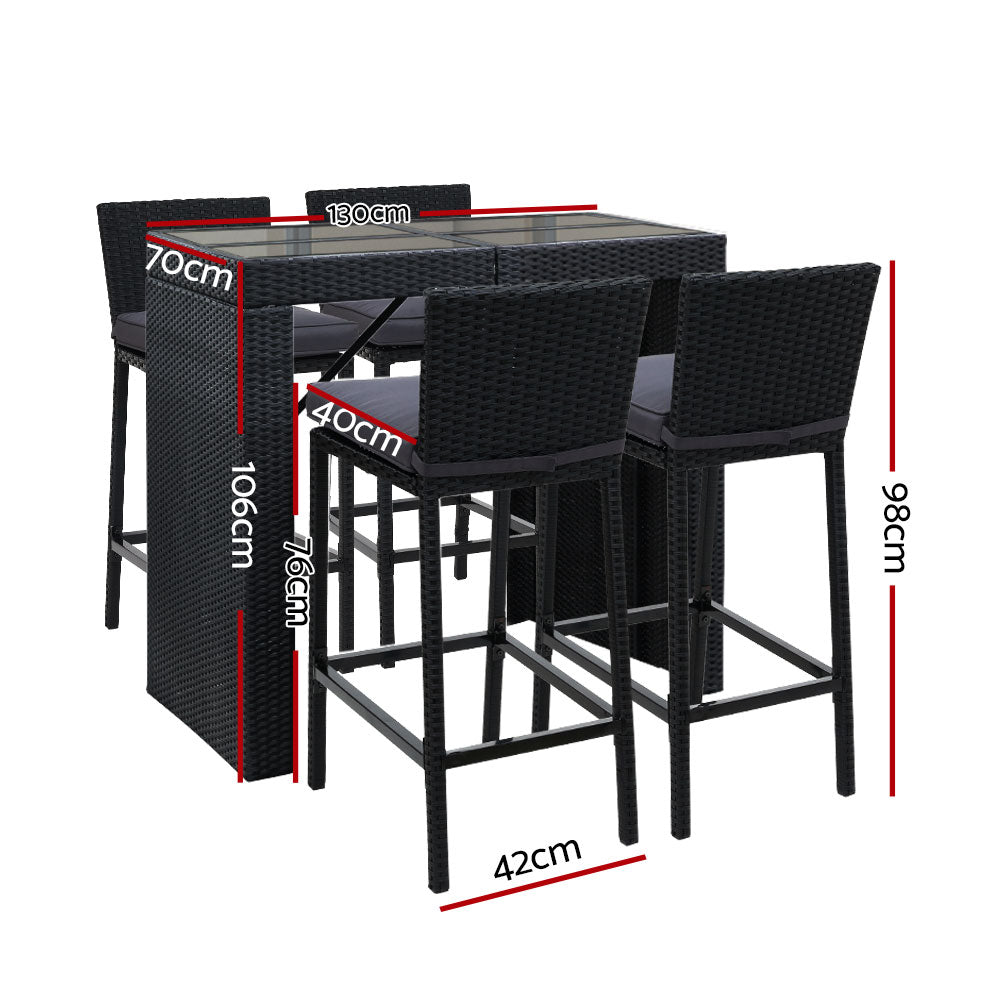 Gardeon 5-Piece Outdoor Bar Set Wicker Patio Dining Black/Grey