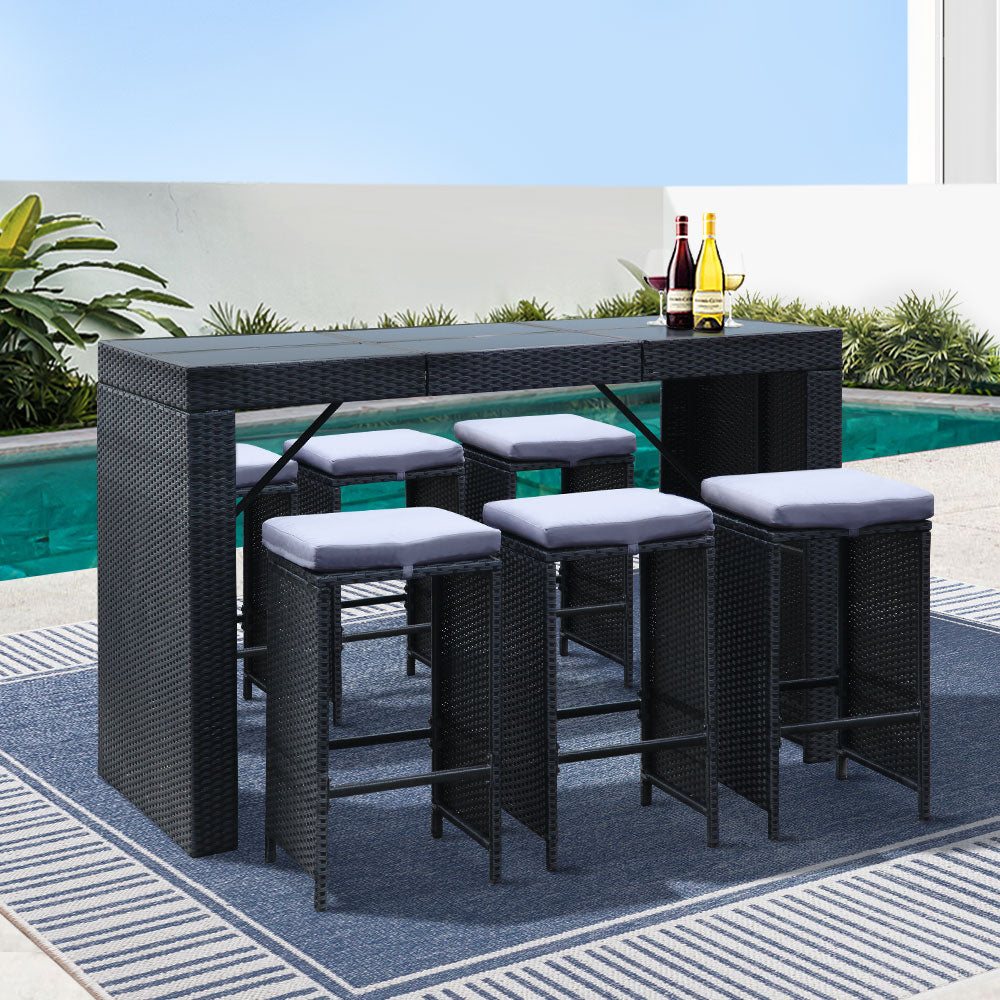 Gardeon 7-Piece Outdoor Bar Set Wicker Dining Table Stools Black