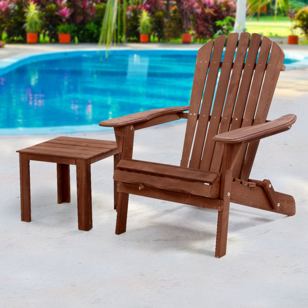 Gardeon Foldable Adirondack Wooden Beach Chair Set Brown