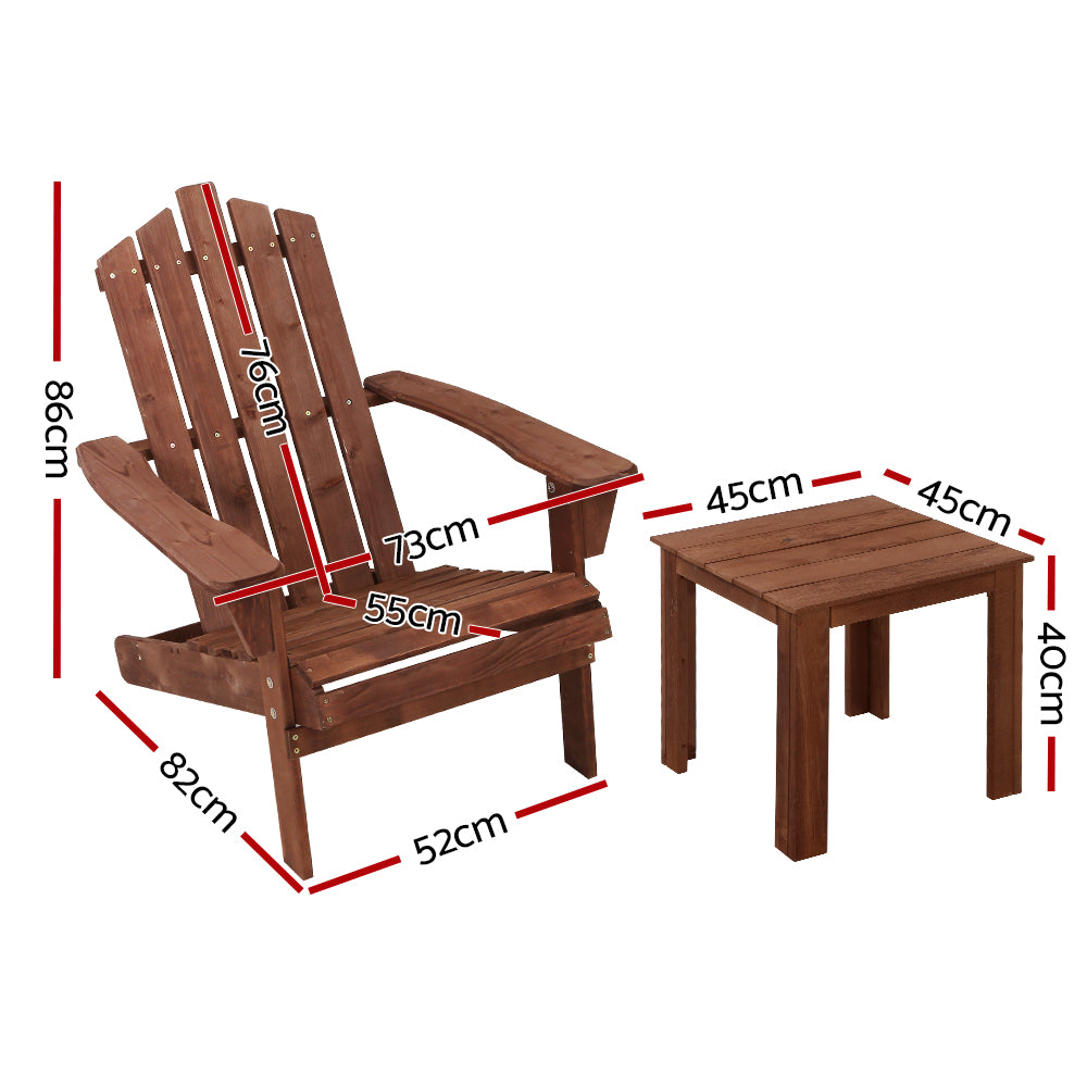 Gardeon 3PC Adirondack Outdoor Furniture Set Wooden Beach Chairs Brown