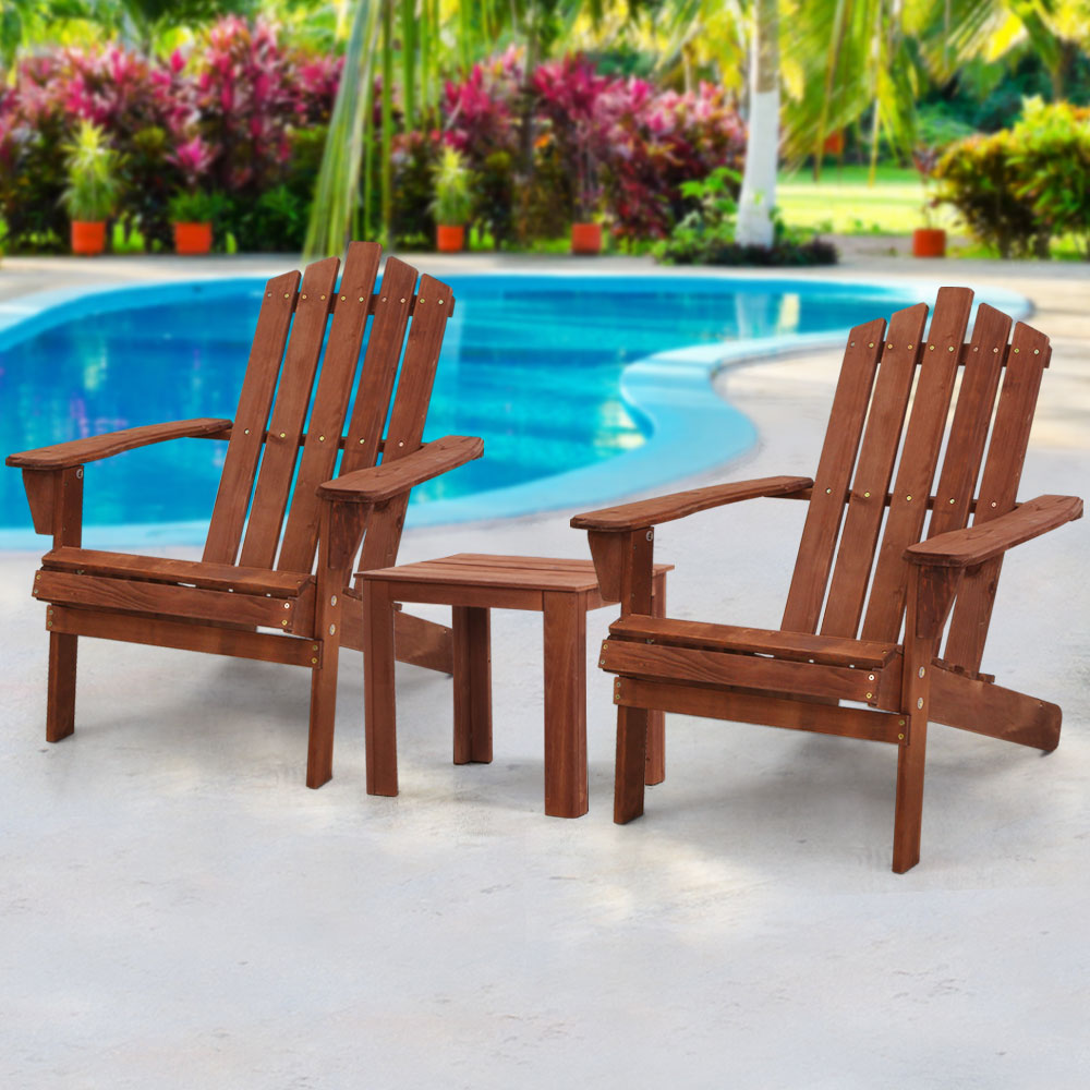 Gardeon 3PC Adirondack Outdoor Furniture Set Wooden Beach Chairs Brown