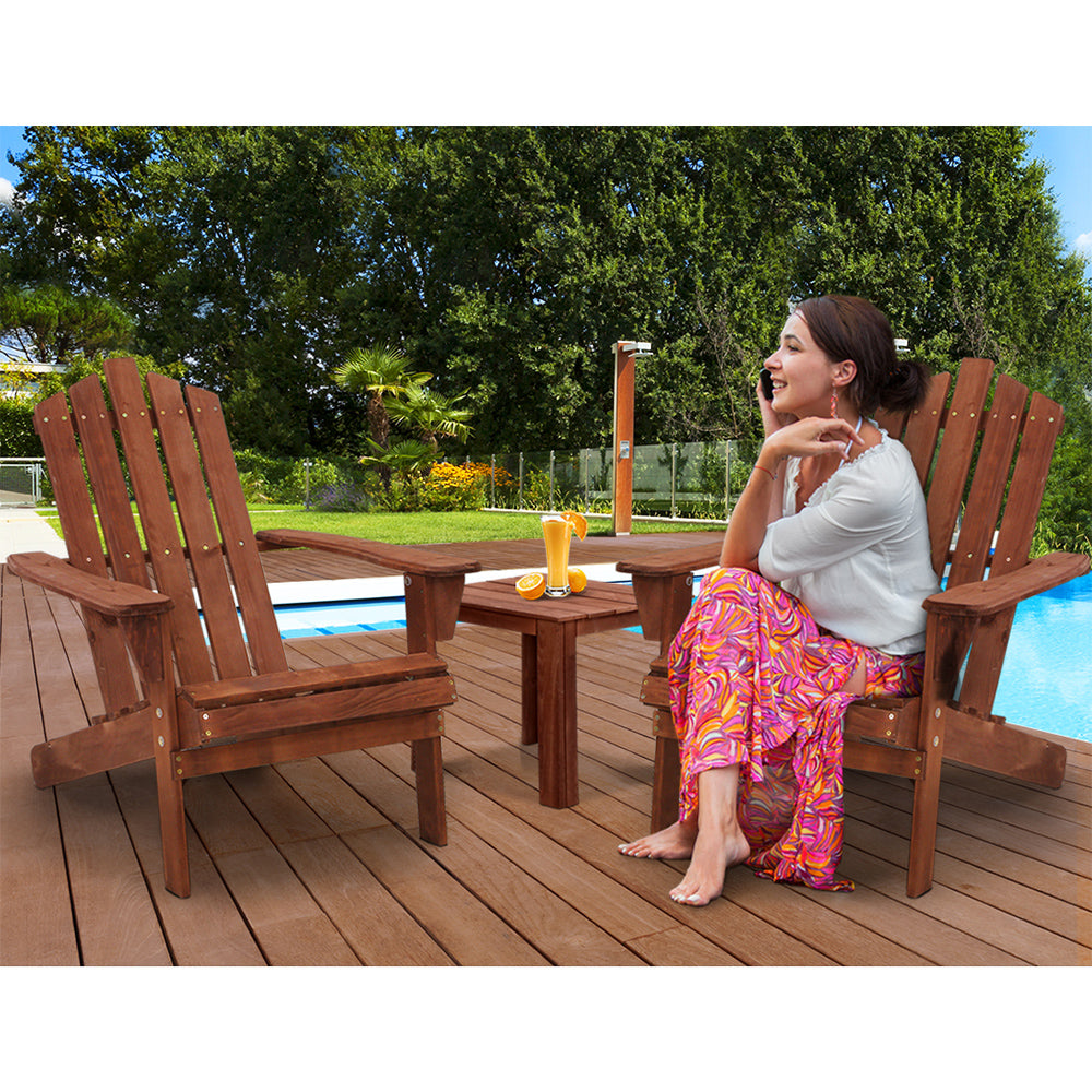 Gardeon 3PC Adirondack Outdoor Furniture Set Wooden Beach Chairs Brown