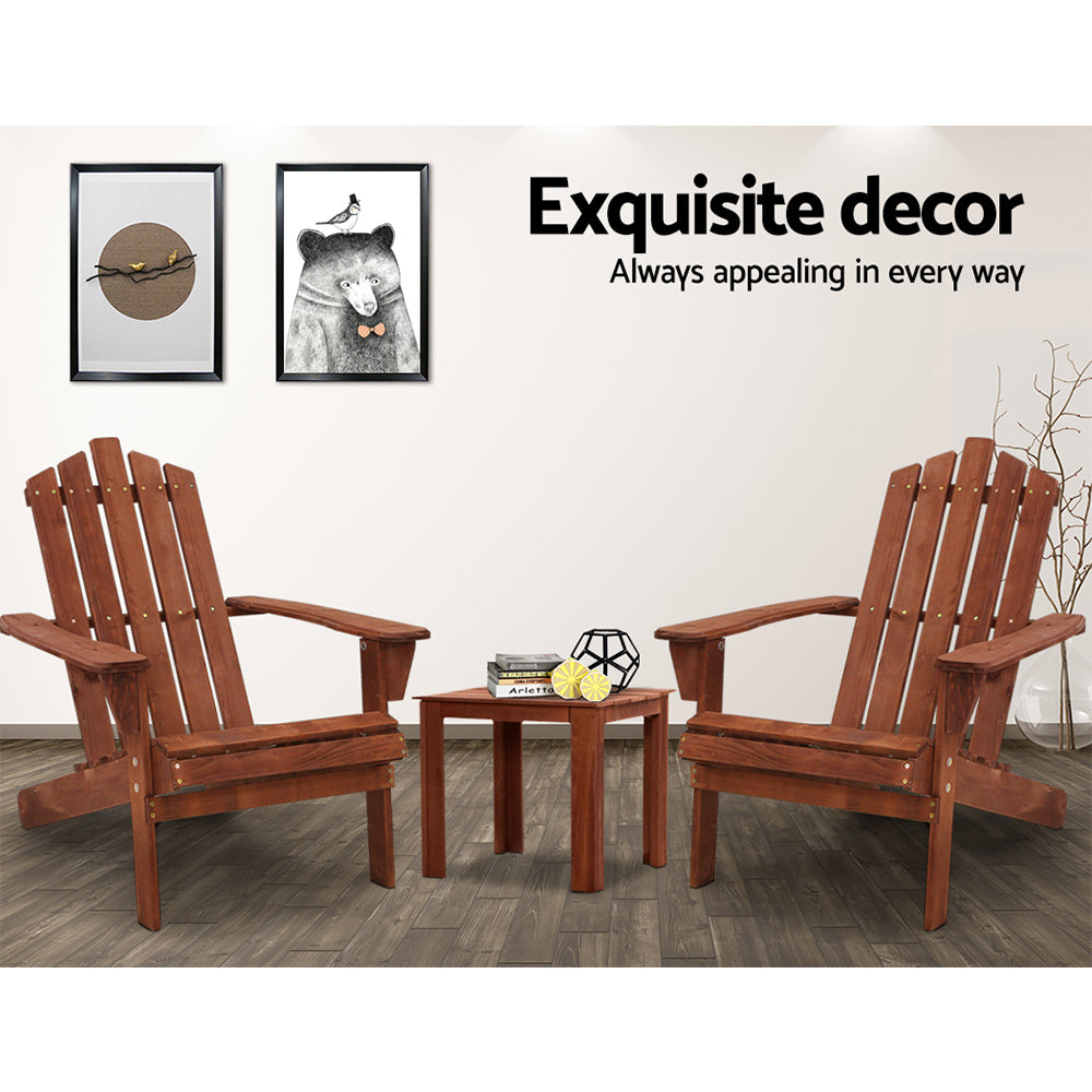 Gardeon 3PC Adirondack Outdoor Furniture Set Wooden Beach Chairs Brown