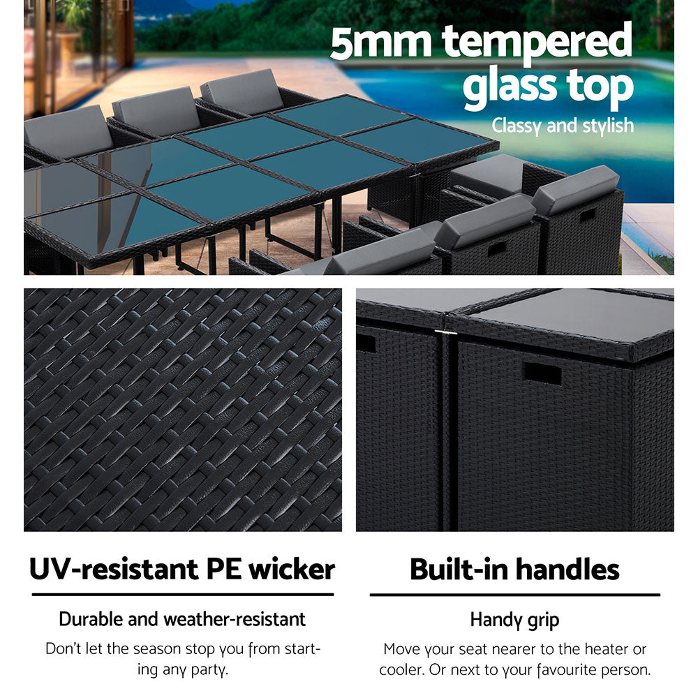 Hayman 13-Piece Outdoor Dining Set Wicker Table Chairs Black