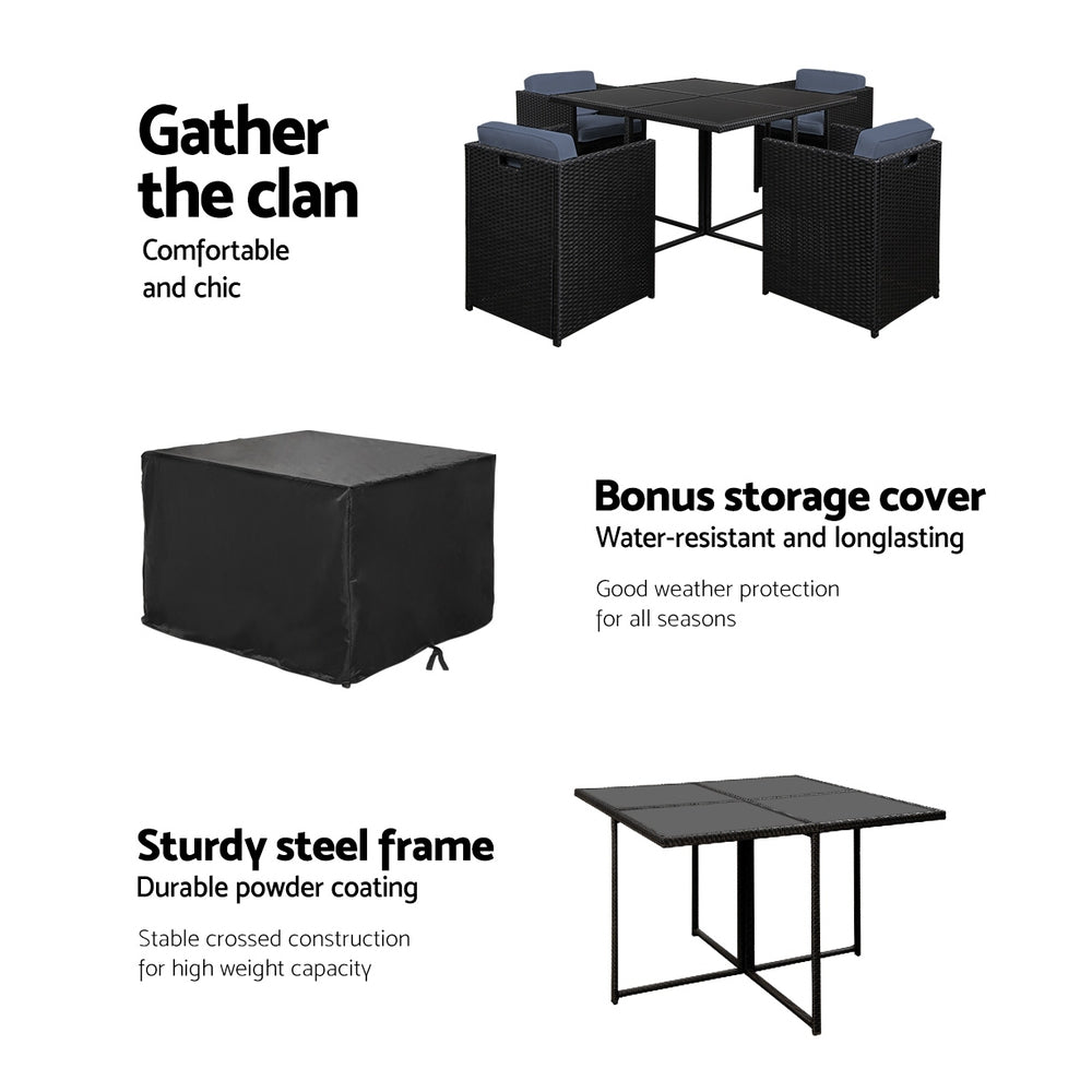 RIO 5-Piece Outdoor Dining Set Wicker Table Chairs Black