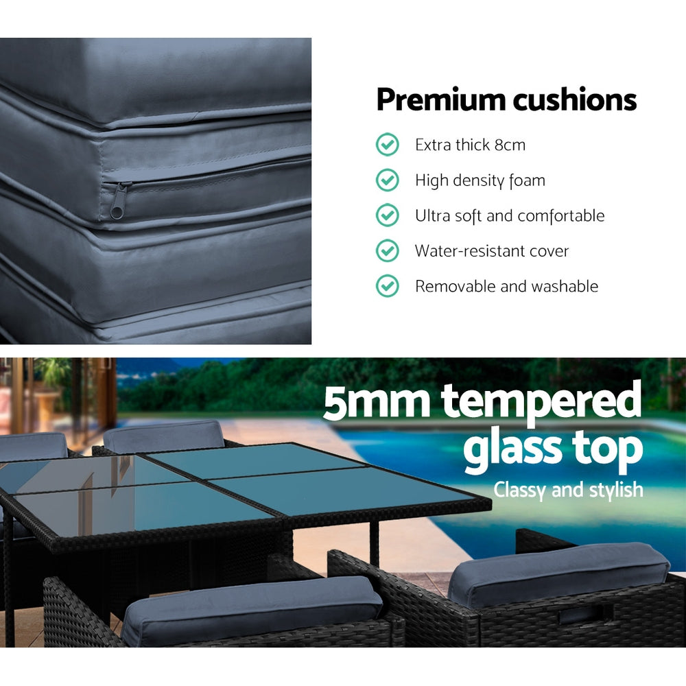 RIO 5-Piece Outdoor Dining Set Wicker Table Chairs Black