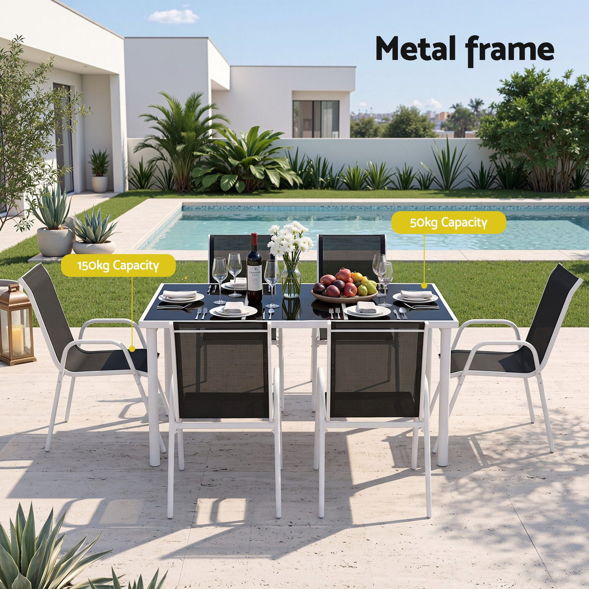Gardeon 7 Piece Outdoor Dining Set Steel Textilene Patio Furniture Table and Chairs Black