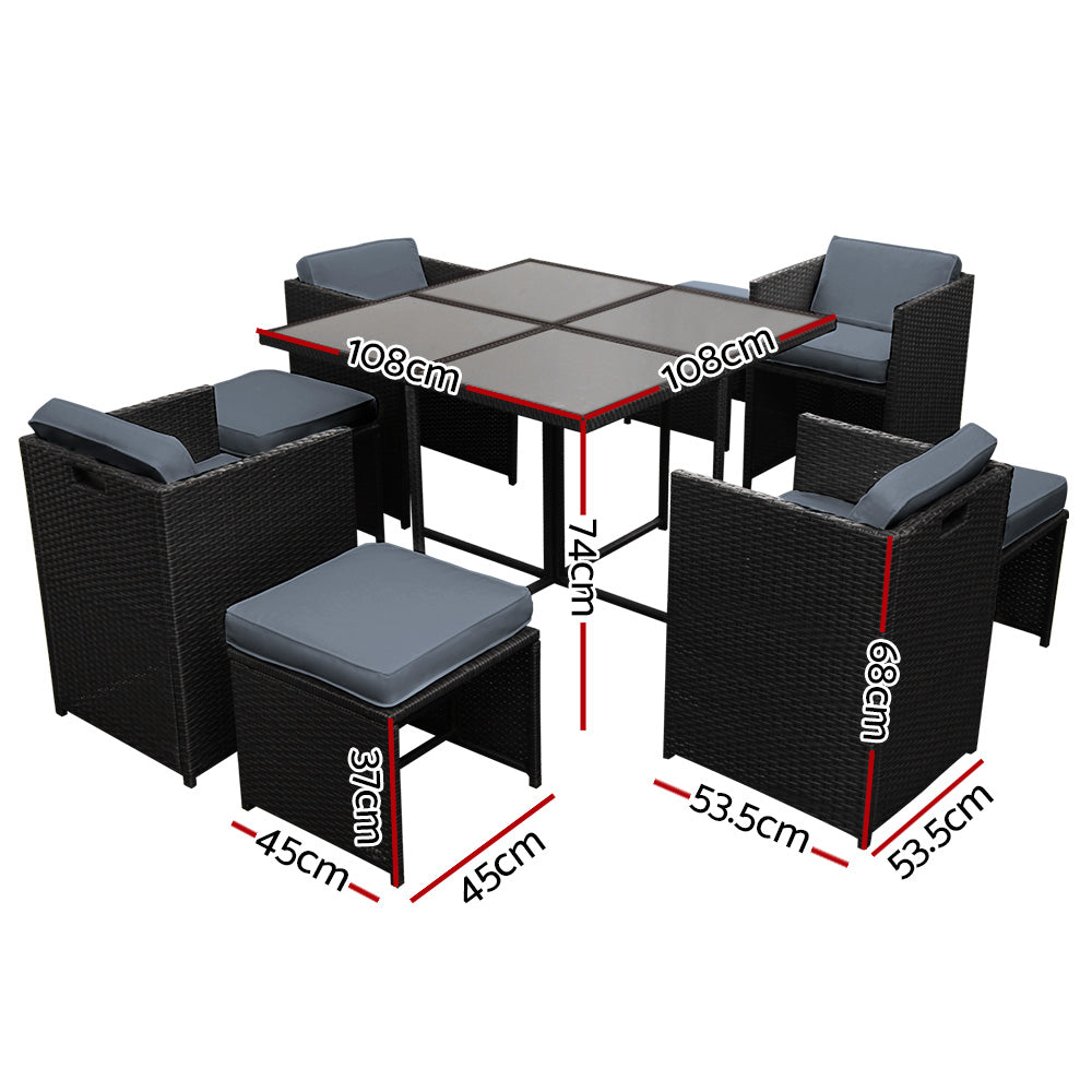 Hawaii 9-Piece Outdoor Dining Set Wicker Black