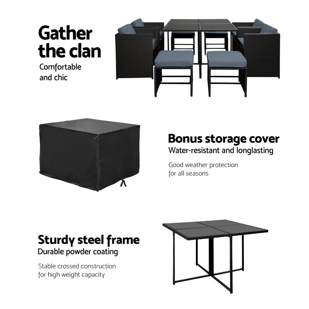 Hawaii 9-Piece Outdoor Dining Set Wicker Black